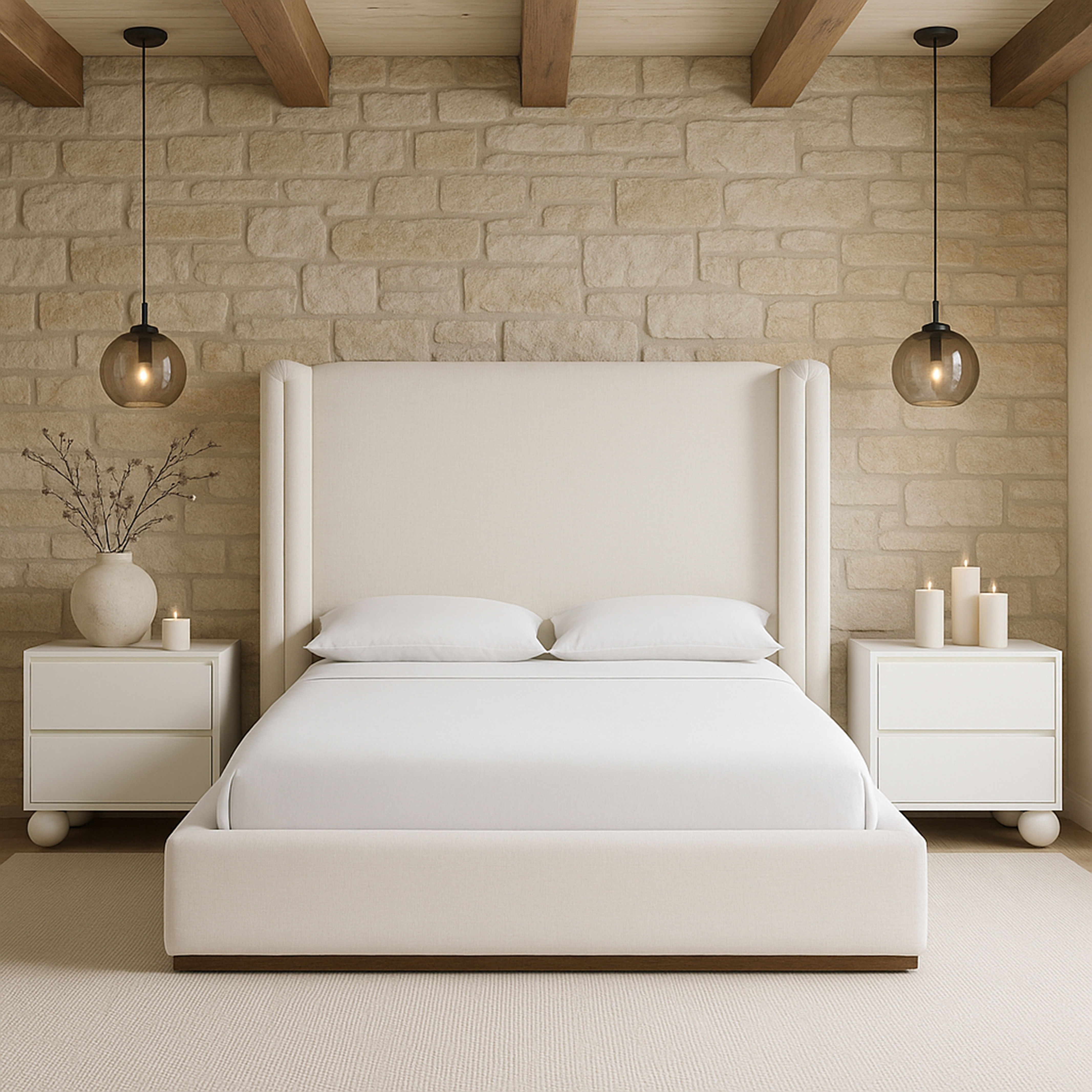 Solange - Linen Textured Fabric Upholstered Full Bed - Cream