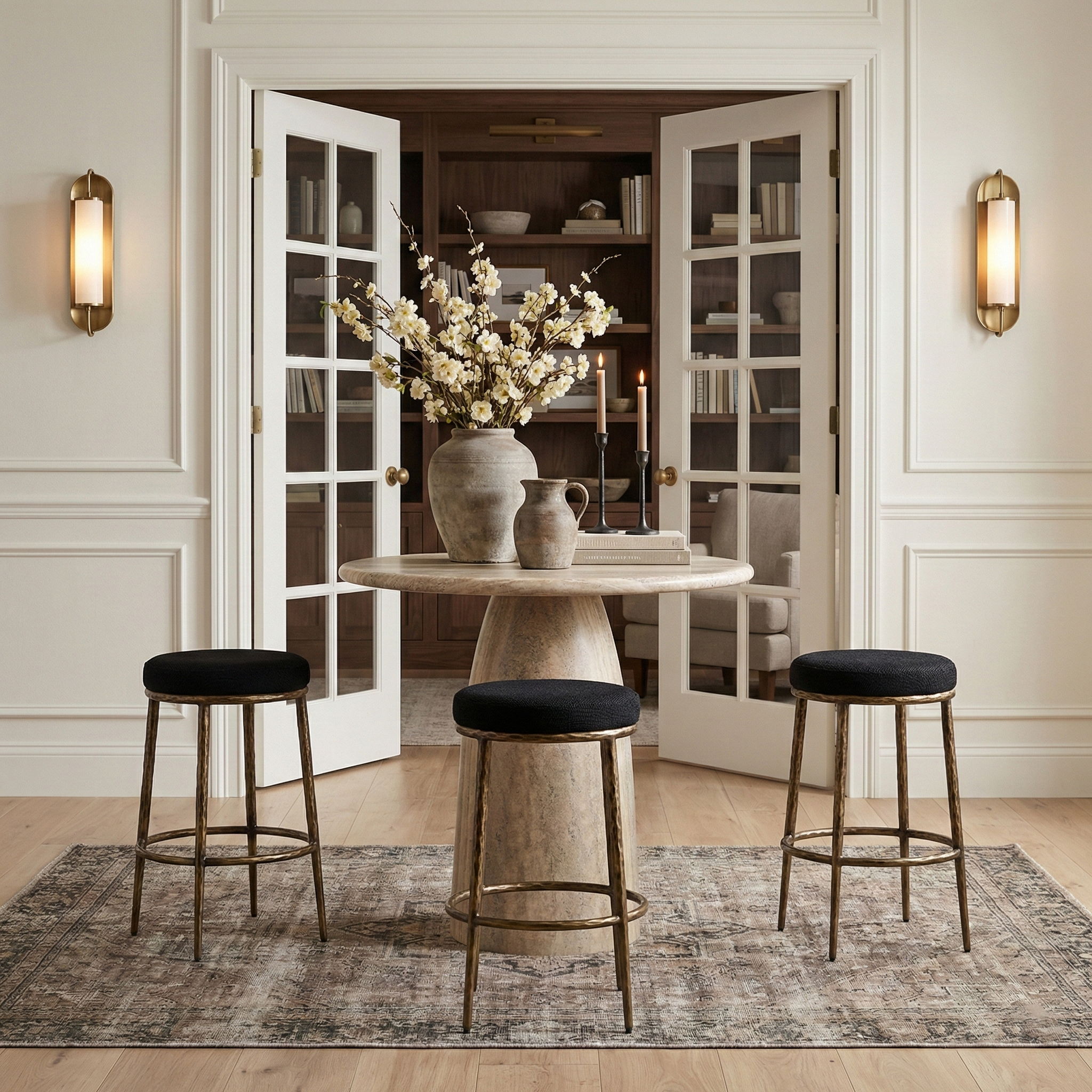 Ferro - Performance Fabric Upholstered Backless Bar Stool - Black / Antique Brass