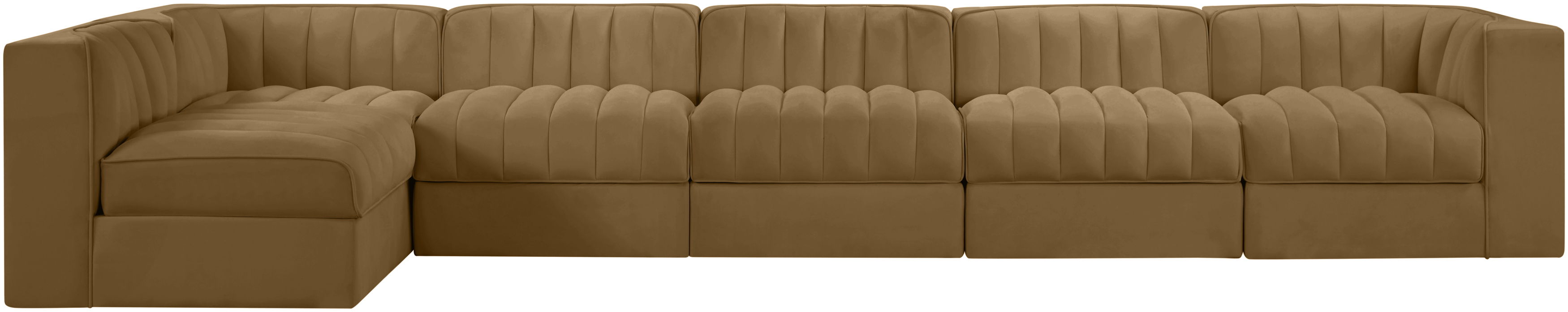 Rummi - Velvet Performance Fabric Upholstered 6 Piece Modular Sectional, L-Shaped (Right) - Saddle