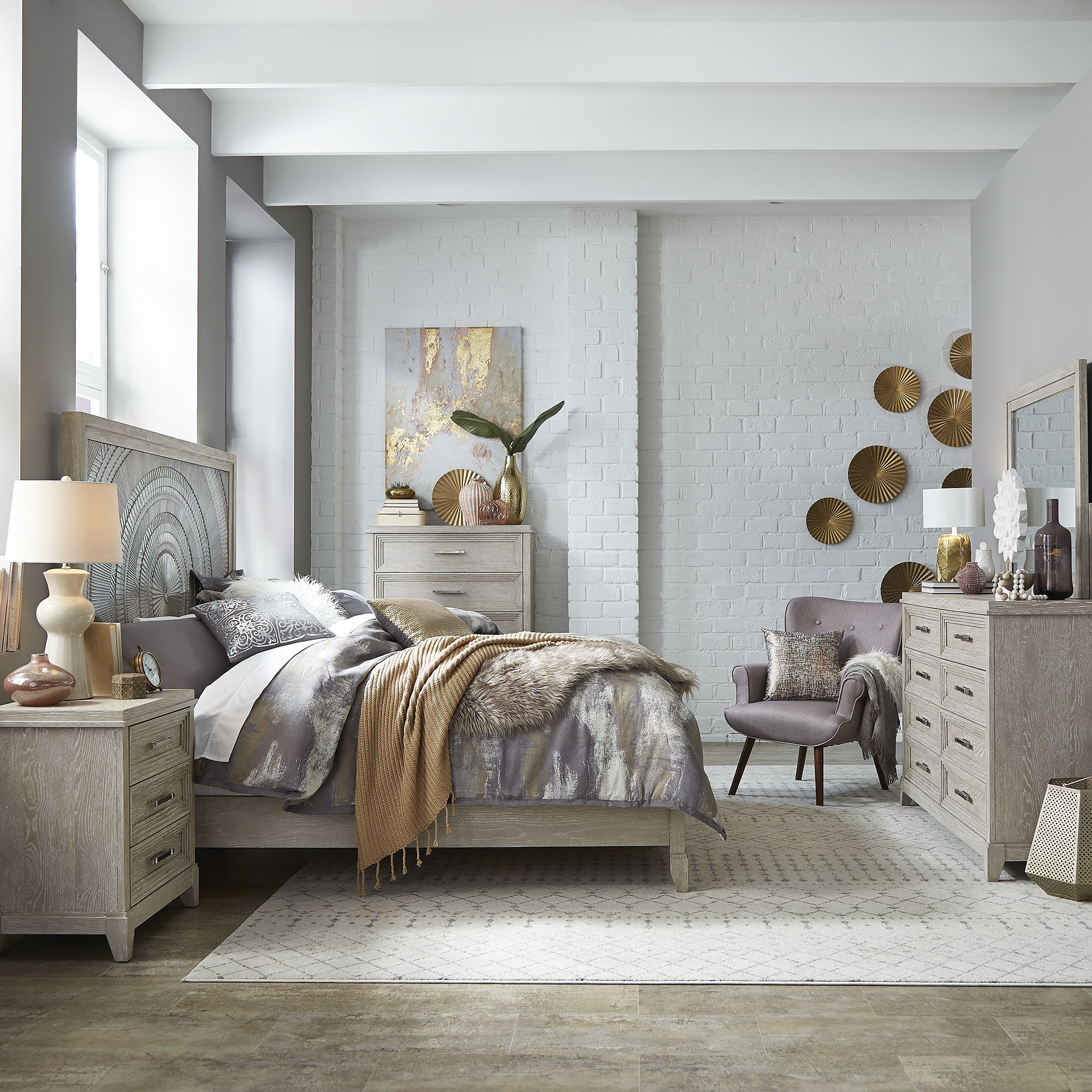 Liberty Furniture Belmar - 5 Piece Bedroom Set (King Panel Bed, Dresser & Mirror, Chest, Nightstand) - Washed Taupe