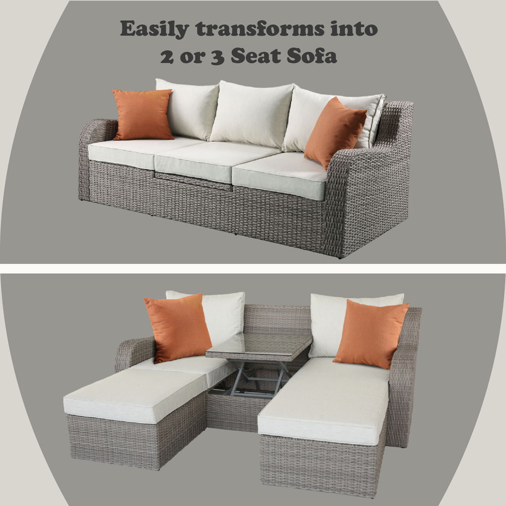 Salena - Patio Sofa With 2 Pillows & 2 Ottomans - Beige Fabric & Gray Wicker, beige, view 4