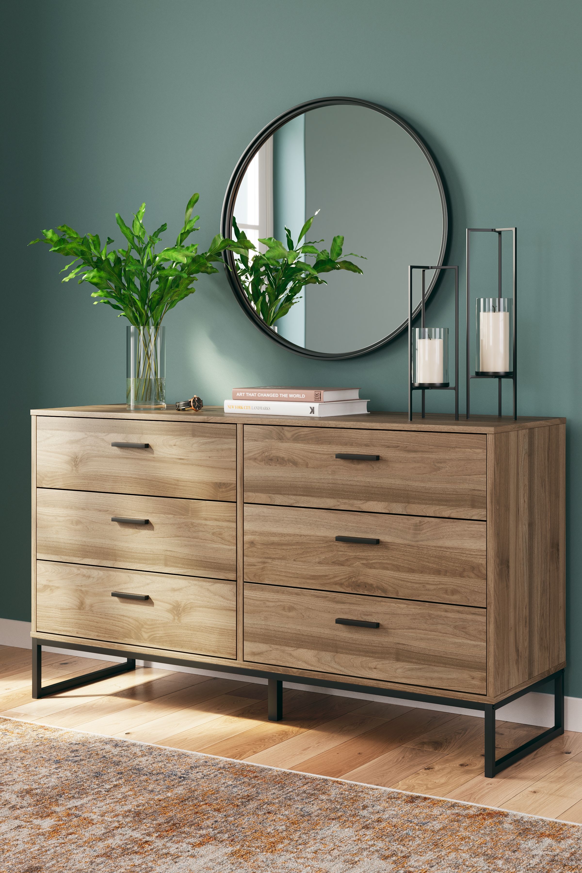 Deanlow - 4 Pc. - Dresser, Chest, Queen Platform Panel Bed - Honey