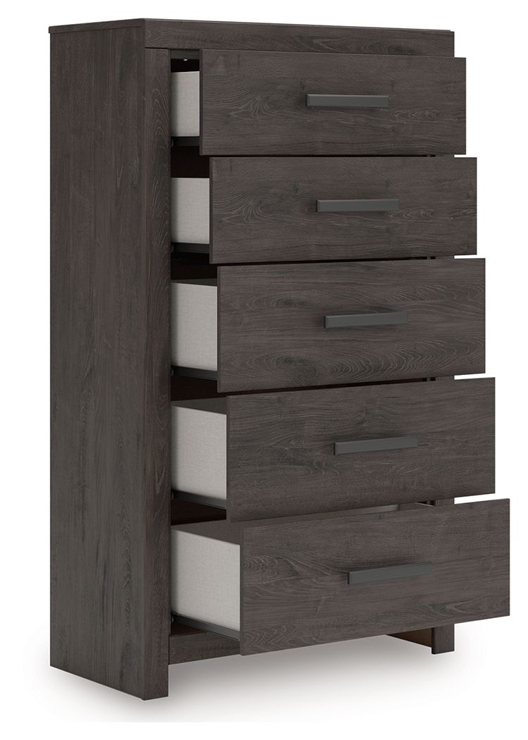 Ashley Furniture Prendonea - 5 Pc. - Dresser, Mirror, Chest, King Panel Bed - Charcoal - Image 6