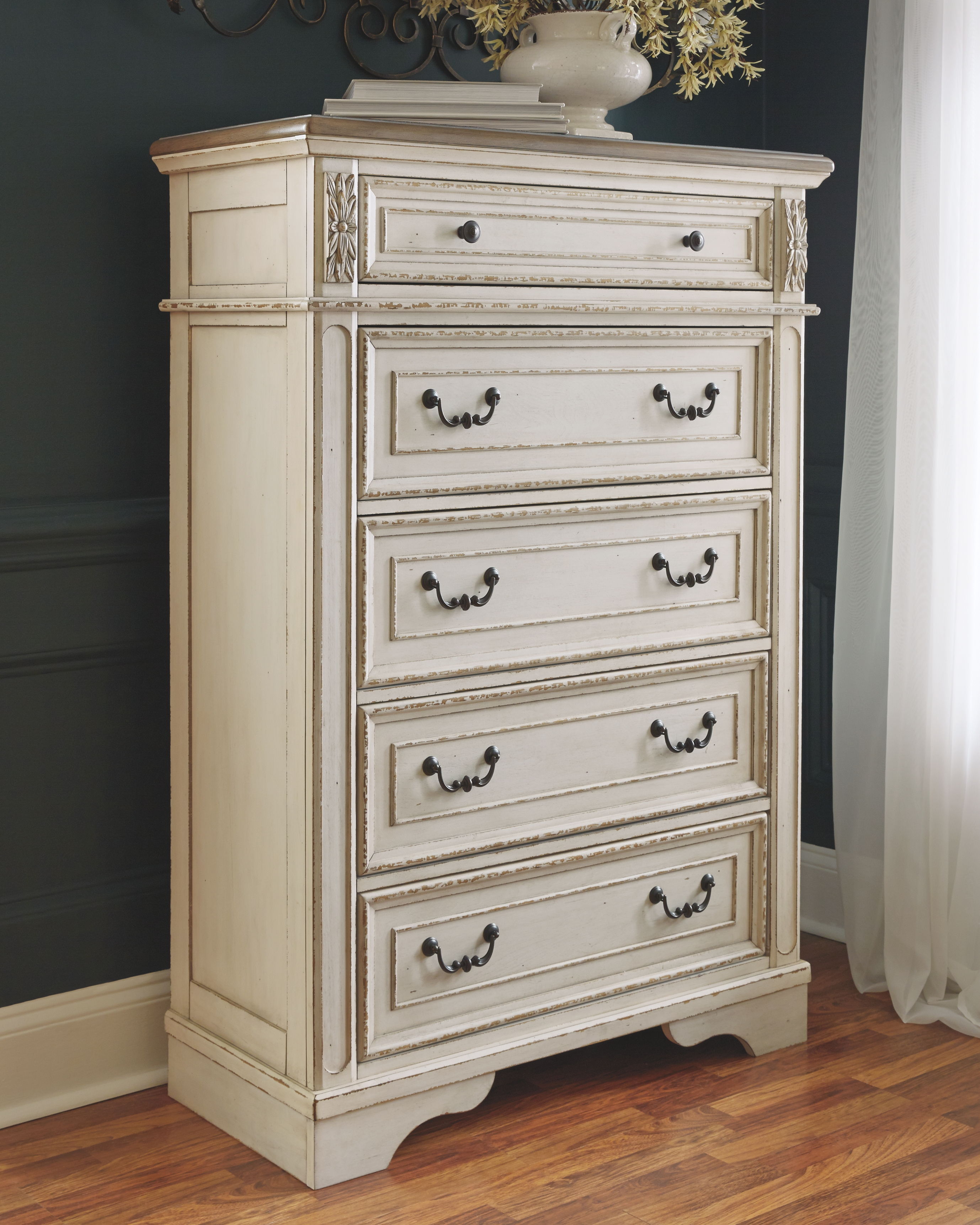 Ashley Furniture Realyn - 6 Pc. - Dresser, Mirror, Chest, King Upholstered Panel Bed - Two-tone - Image 5