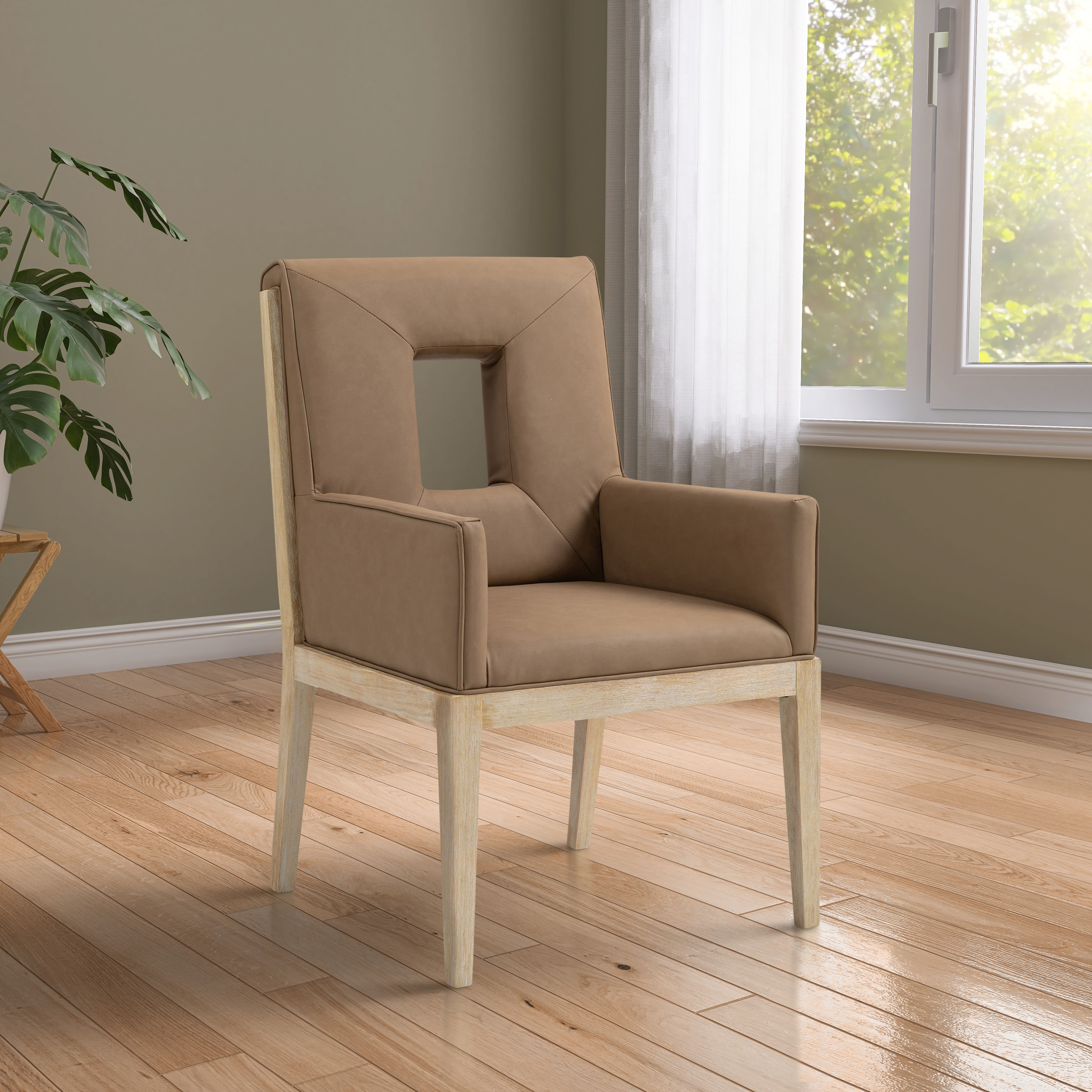 Gwendolyn - Faux Leather Dining Arm Chair With Natural Frame - Brown