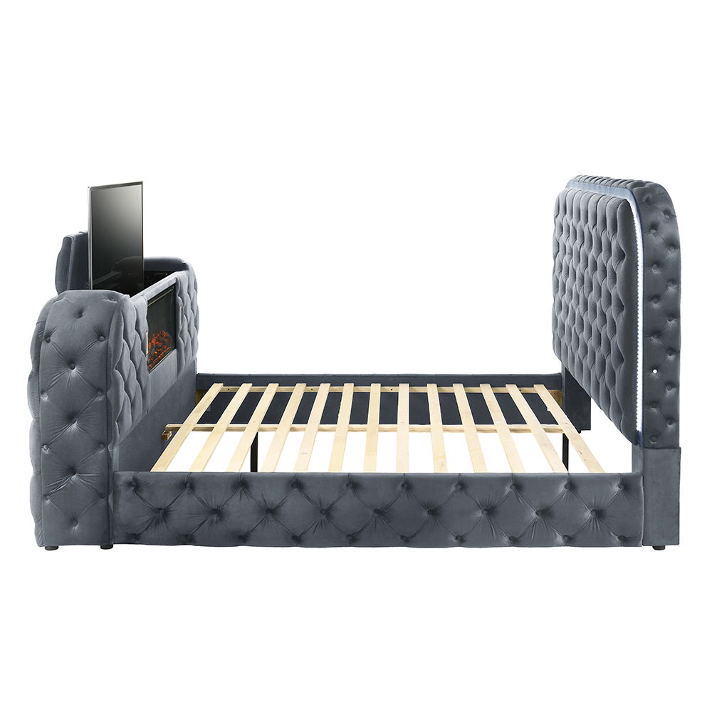 Kana - Queen Bed With LED, Fireplace & TV Stand - Gray Upholstery Velvet, gray, view 8