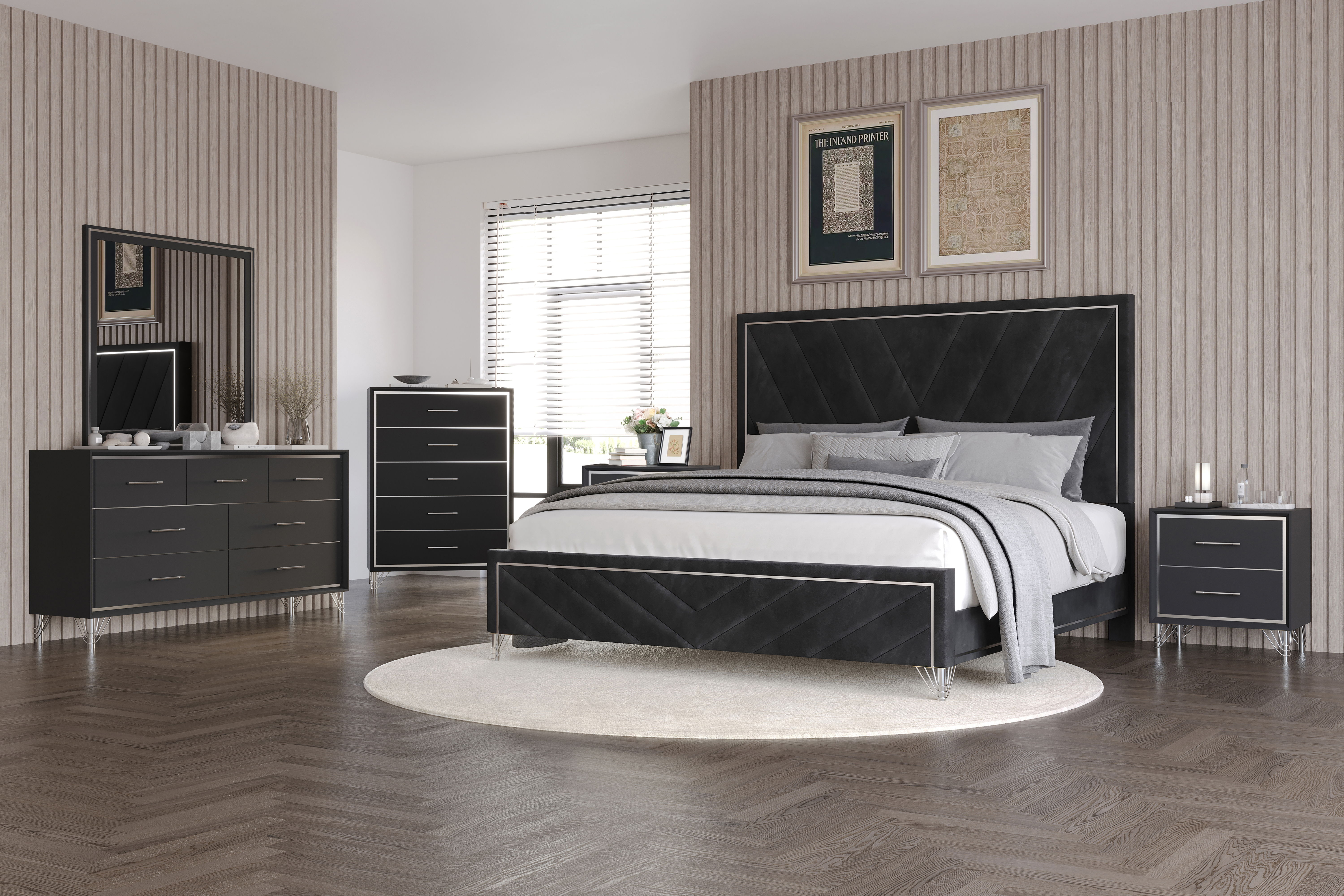 Ava - 5/0 Queen 6 Piece Bedroom Set (Bed, Dresser, Mirror, Chest, 2 Nightstands) - Black