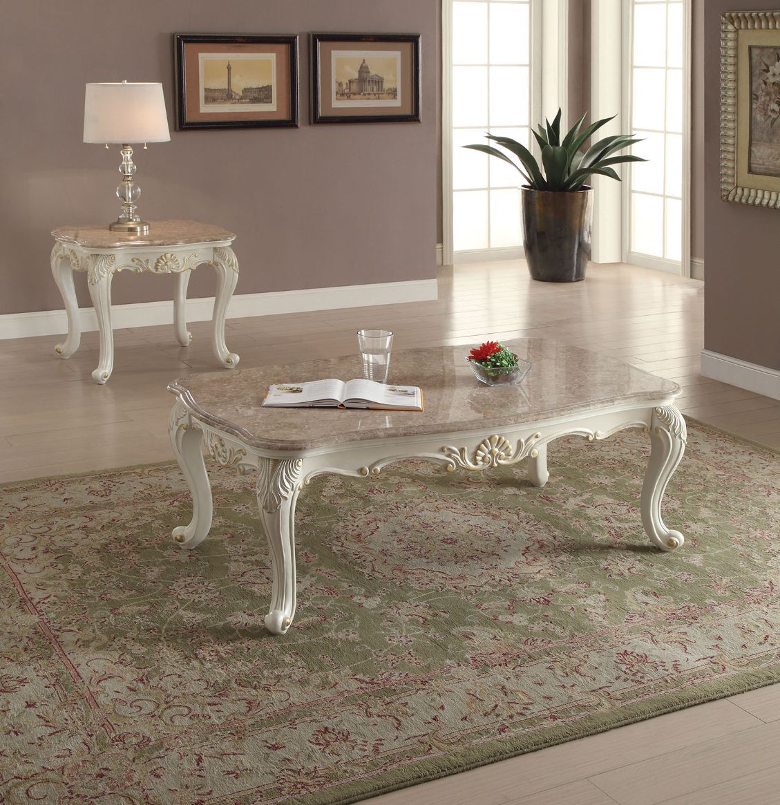 Chantelle - Coffee Table With Marble Top - Marble Top & Pearl White, white