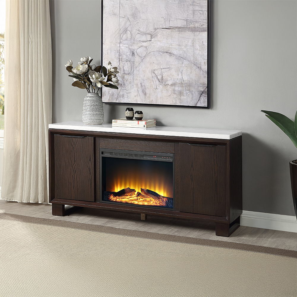 Edwyn - Server With Fireplace - Natural Marble Top & Espresso, dark brown