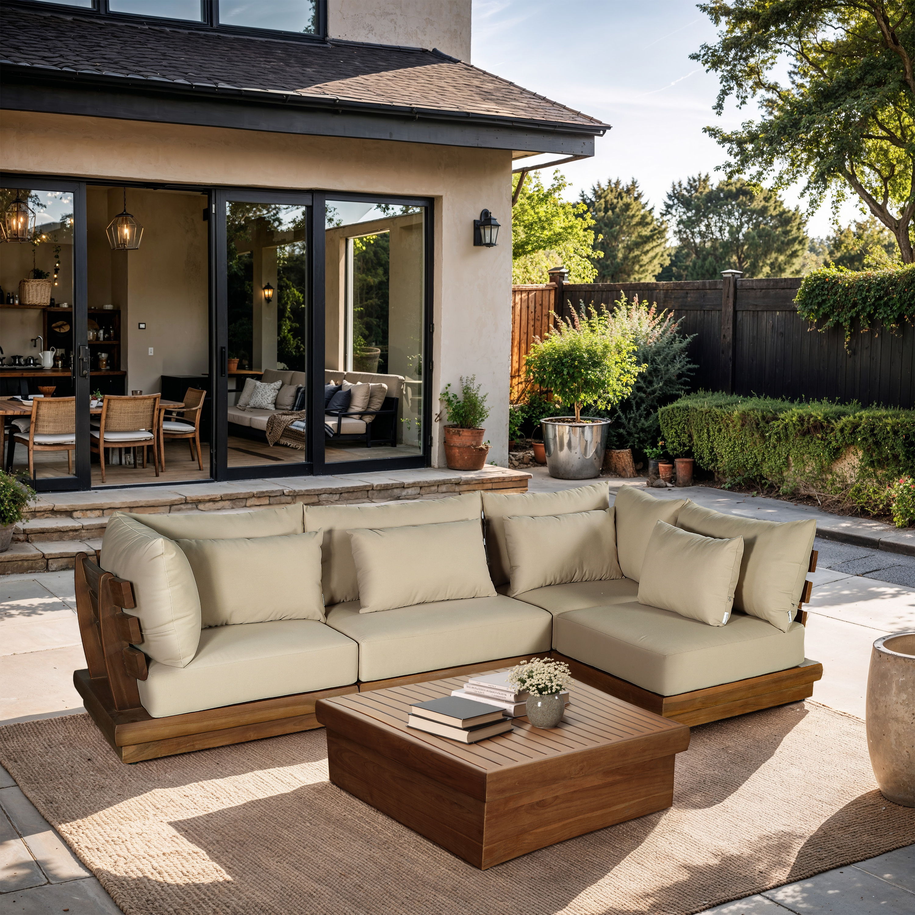 Mirella - 4 Piece Water Resistant Fabric Upholstered Outdoor Patio Modular Sectional - Tan