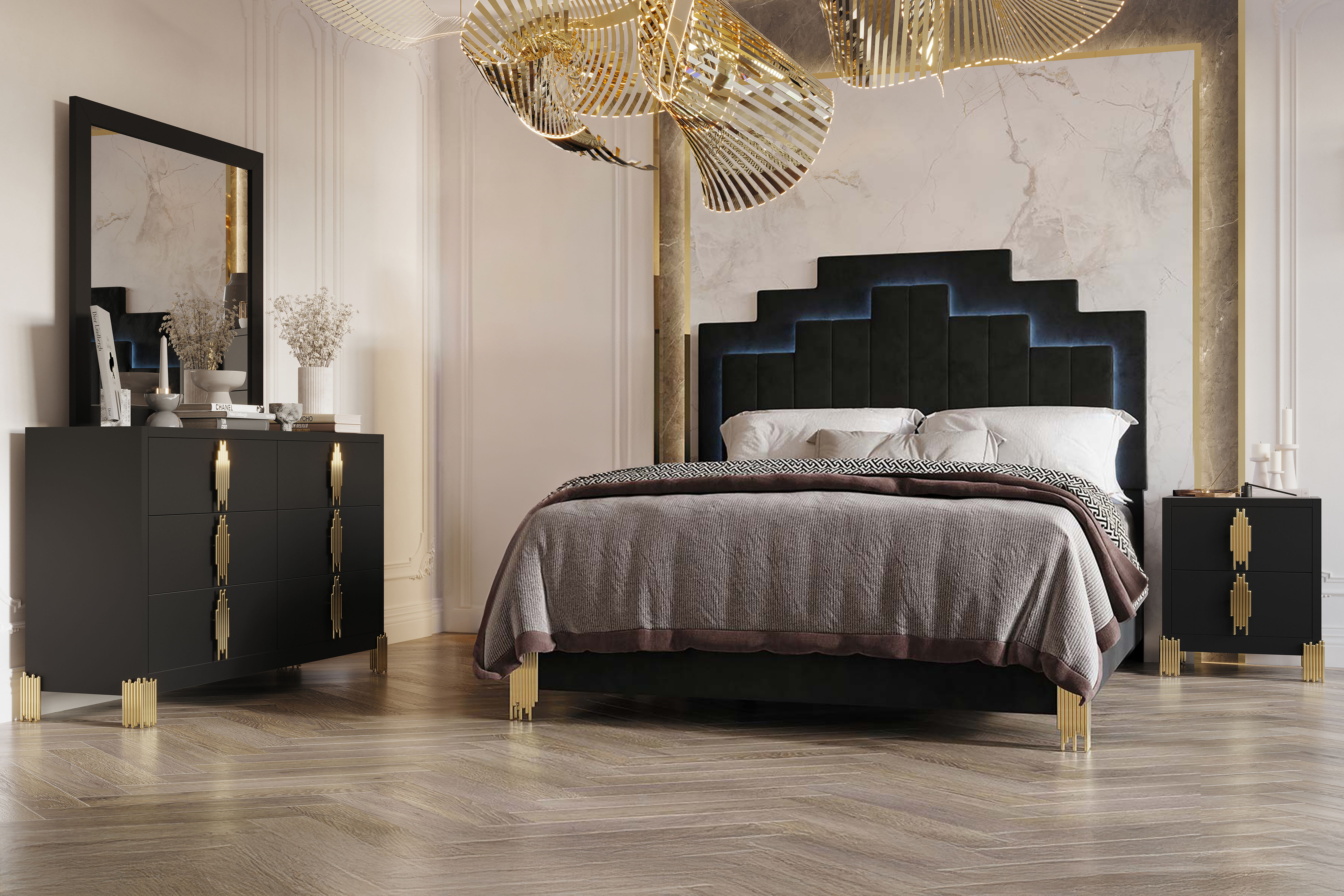 Empire - 5/0 Queen 4 Piece Bedroom Set (Bed & Dresser & Mirror & Nightstand) - Black