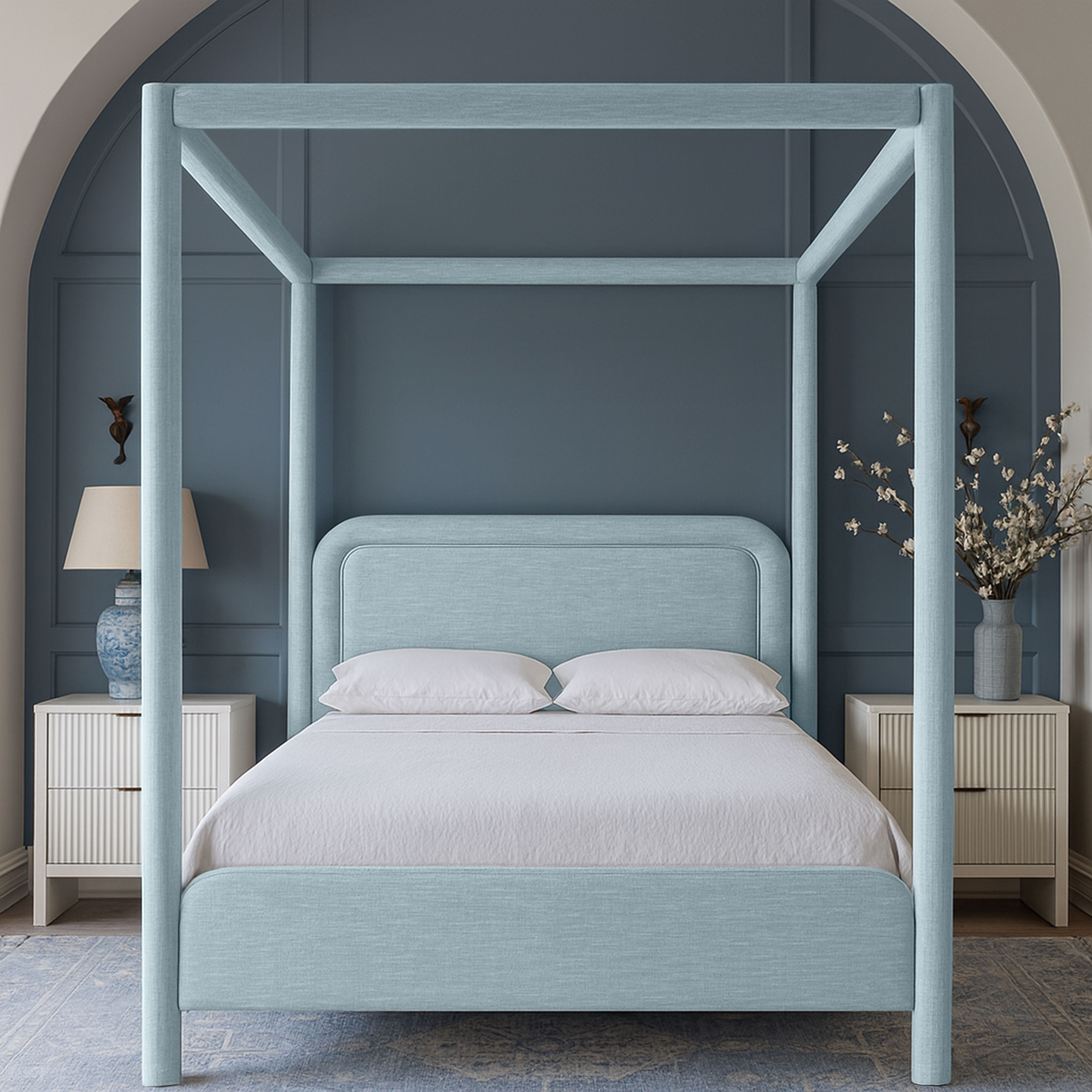 Salina - Linen Textured Fabric Upholstered Queen Bed - Light Blue