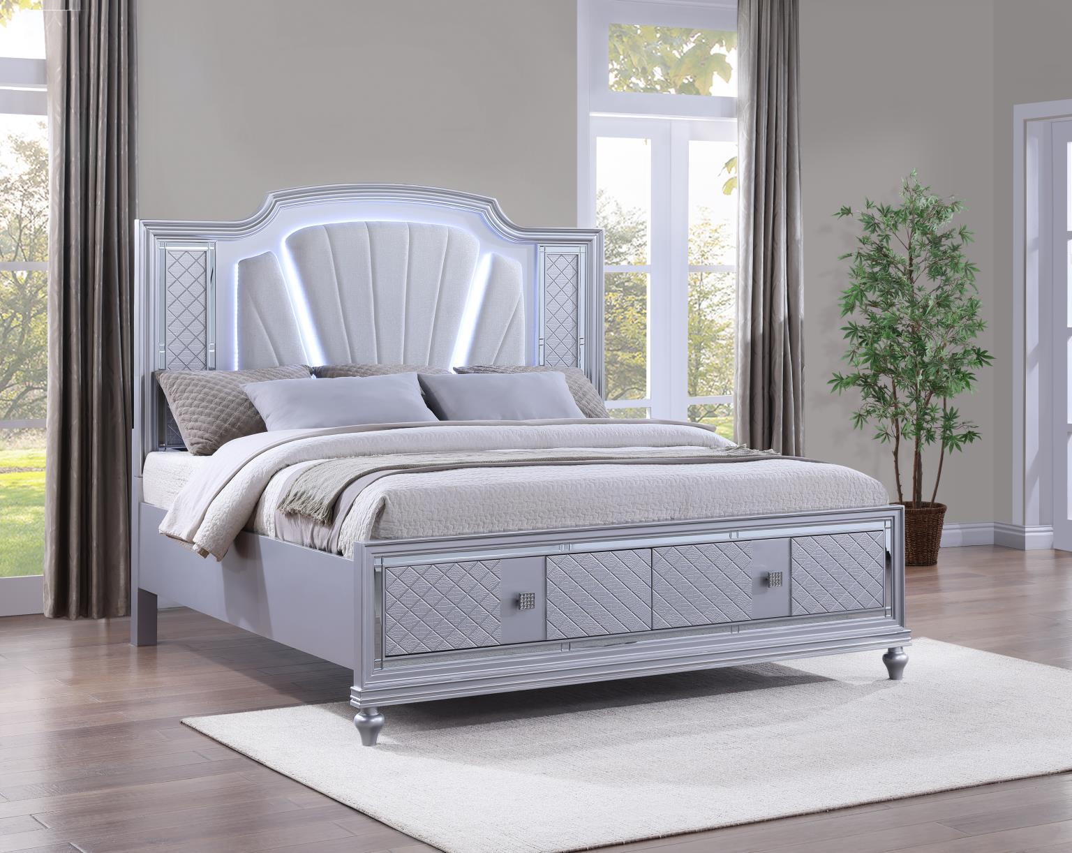 B048 - 3 Piece Bedroom Set (King Bed, Dresser, Mirror) - Pearl Silver