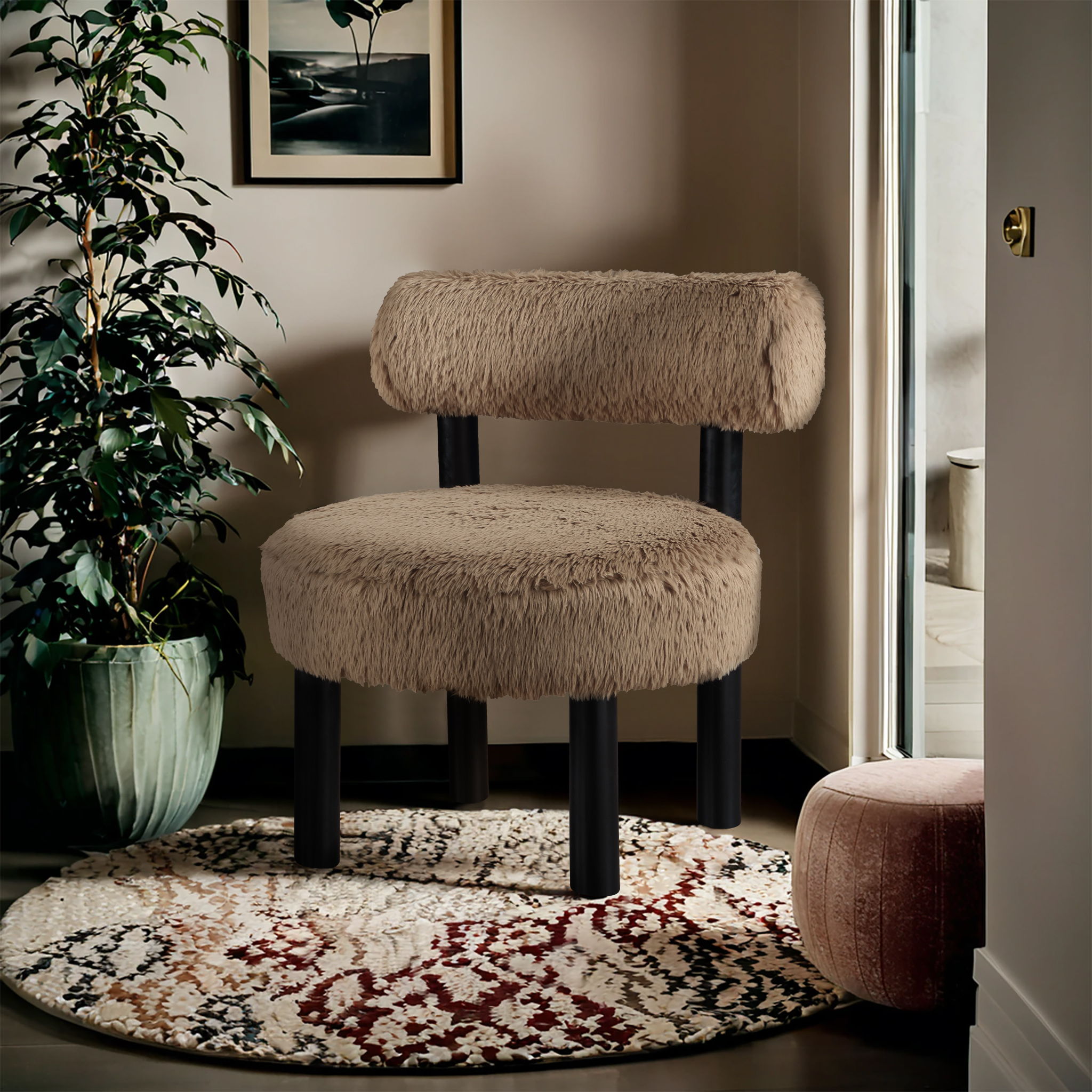 Ambre - Vegan Shearling Fabric Upholstered Accent Chair - Tan