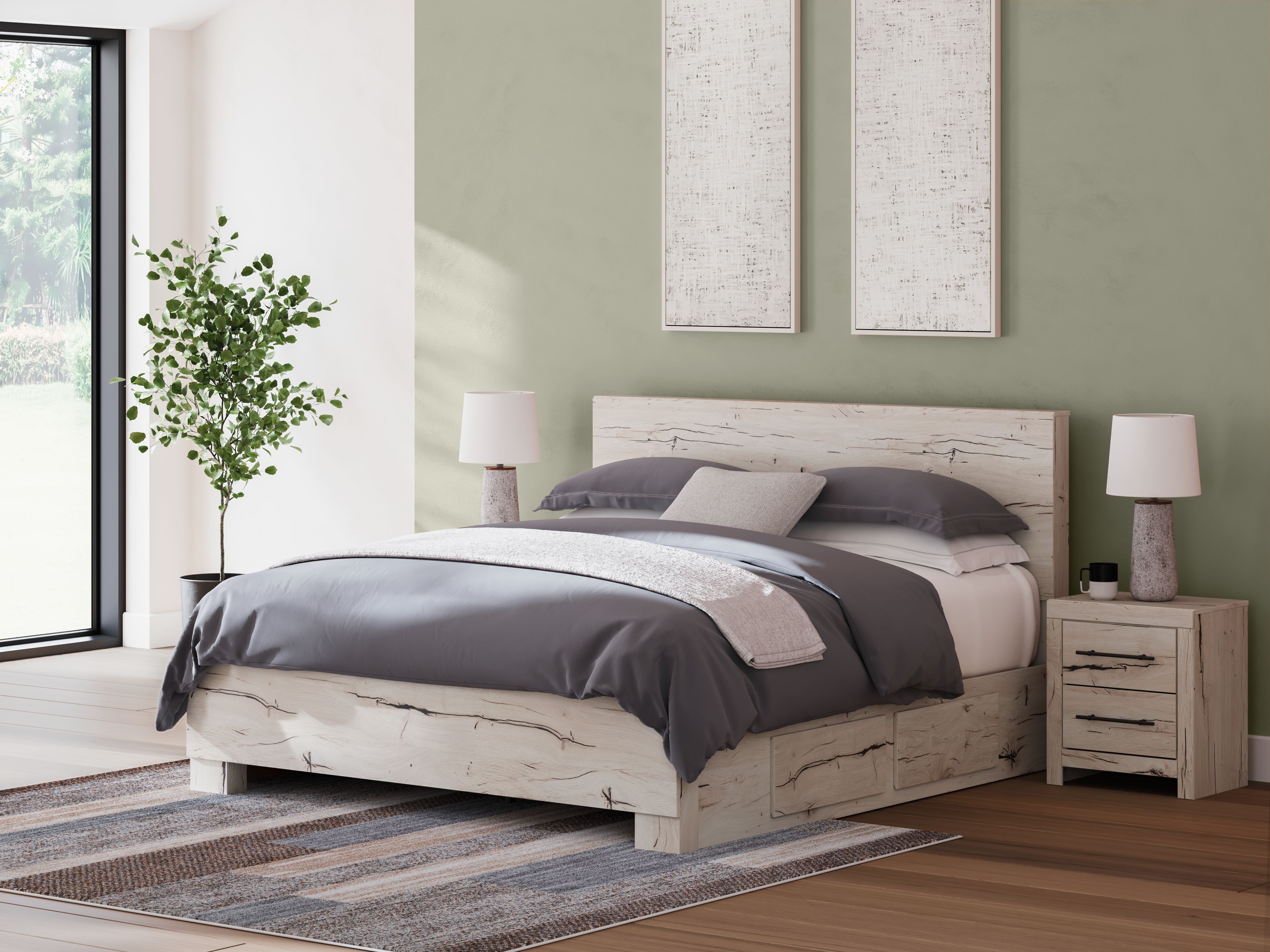 Ashley Lawroy - Light Natural - King Panel Bed With 2 Under Bed Storage Units