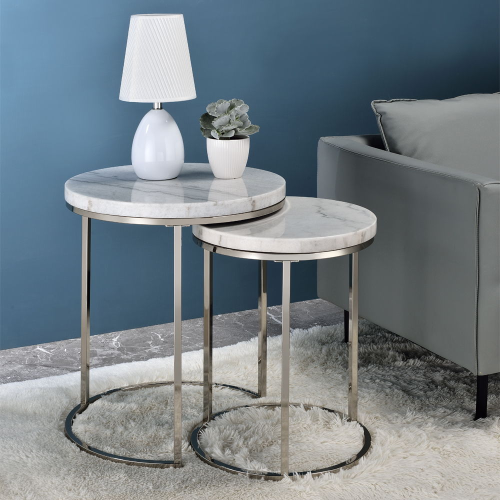 Zaidee - Nesting Table Set - Marble Top & Nickel, silver