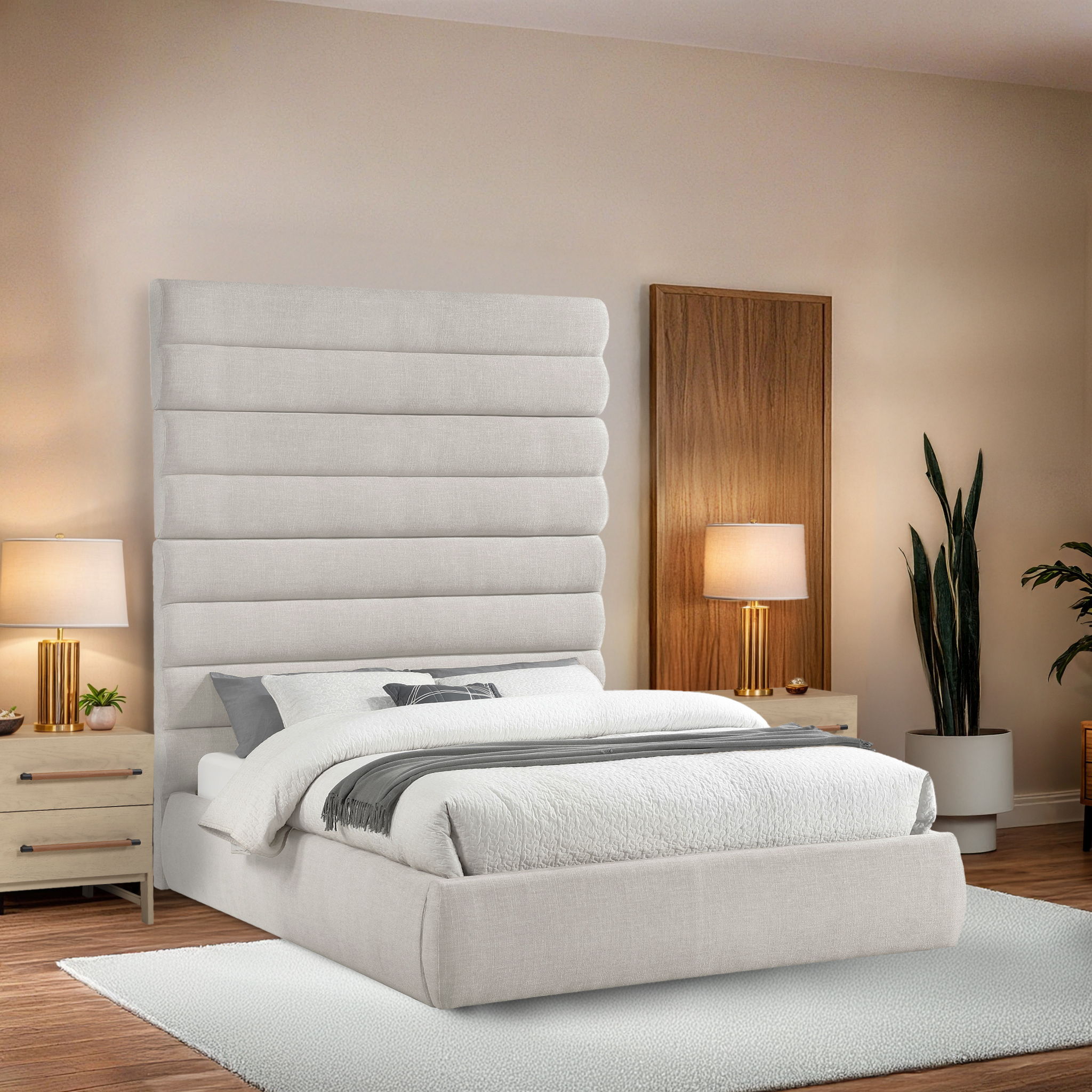 Adam - Linen Fabric Queen Bed With 89" Headboard - Cream
