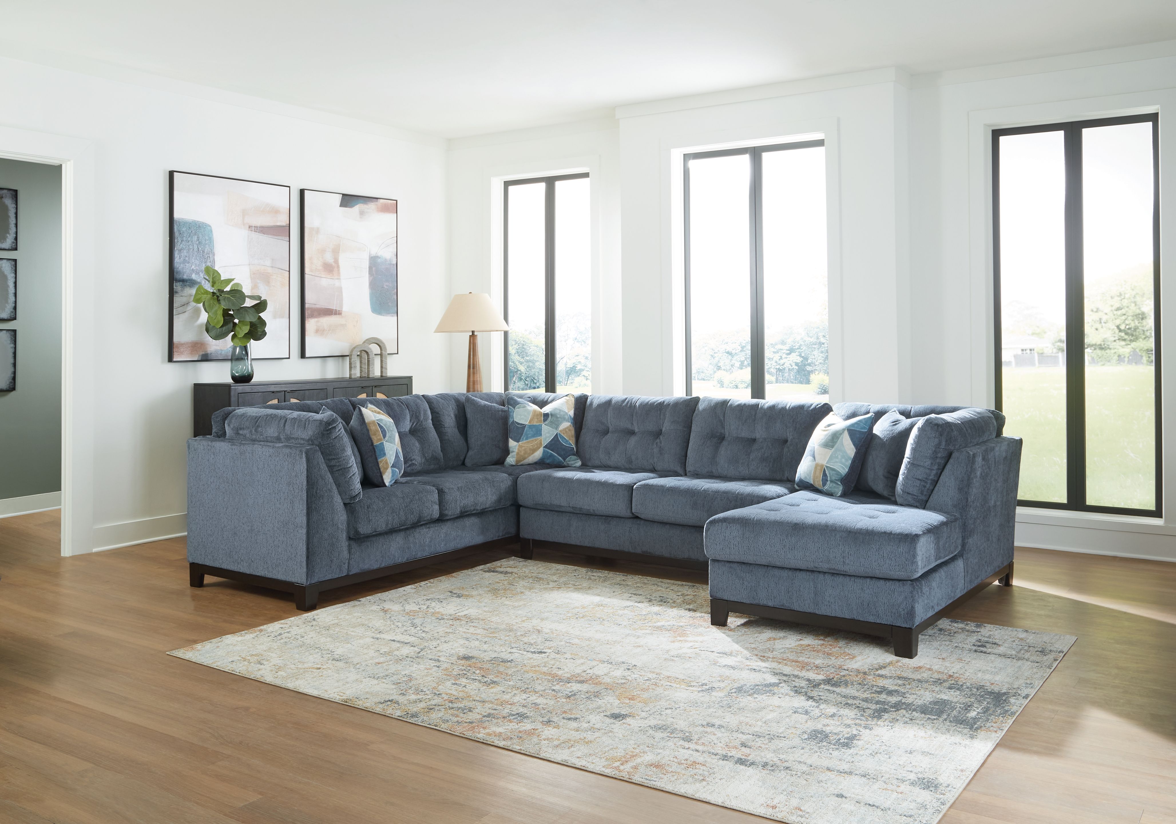 Ashley Furniture Maxon Place - 5 Pc. - 3-Piece Sectional With Raf Corner Chaise, Chair, Ottoman - Navy - Image 2