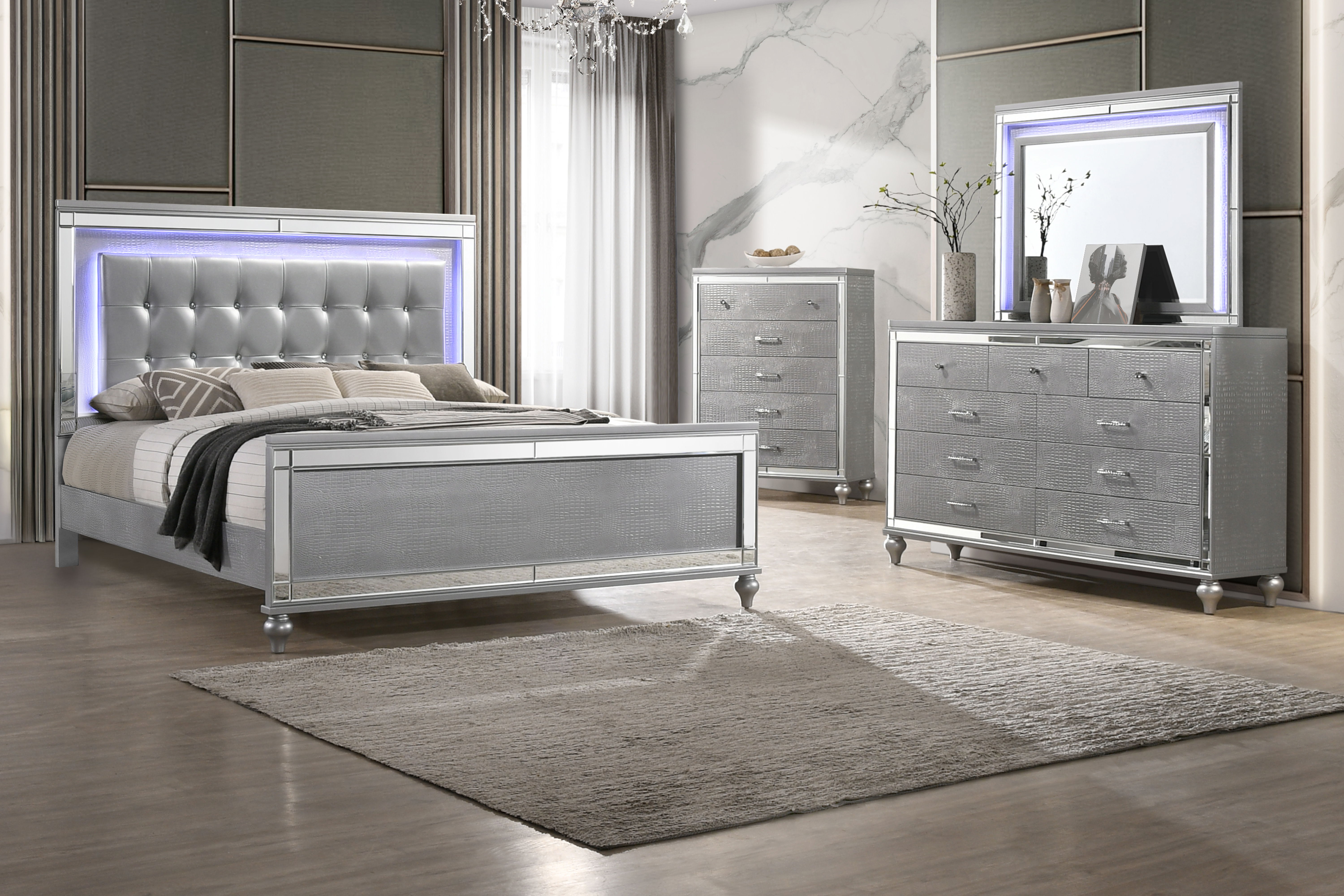 Valentino - Eastern King 4 Piece Bedroom Set (Bed, Dresser, Mirror, Chest) - Silver