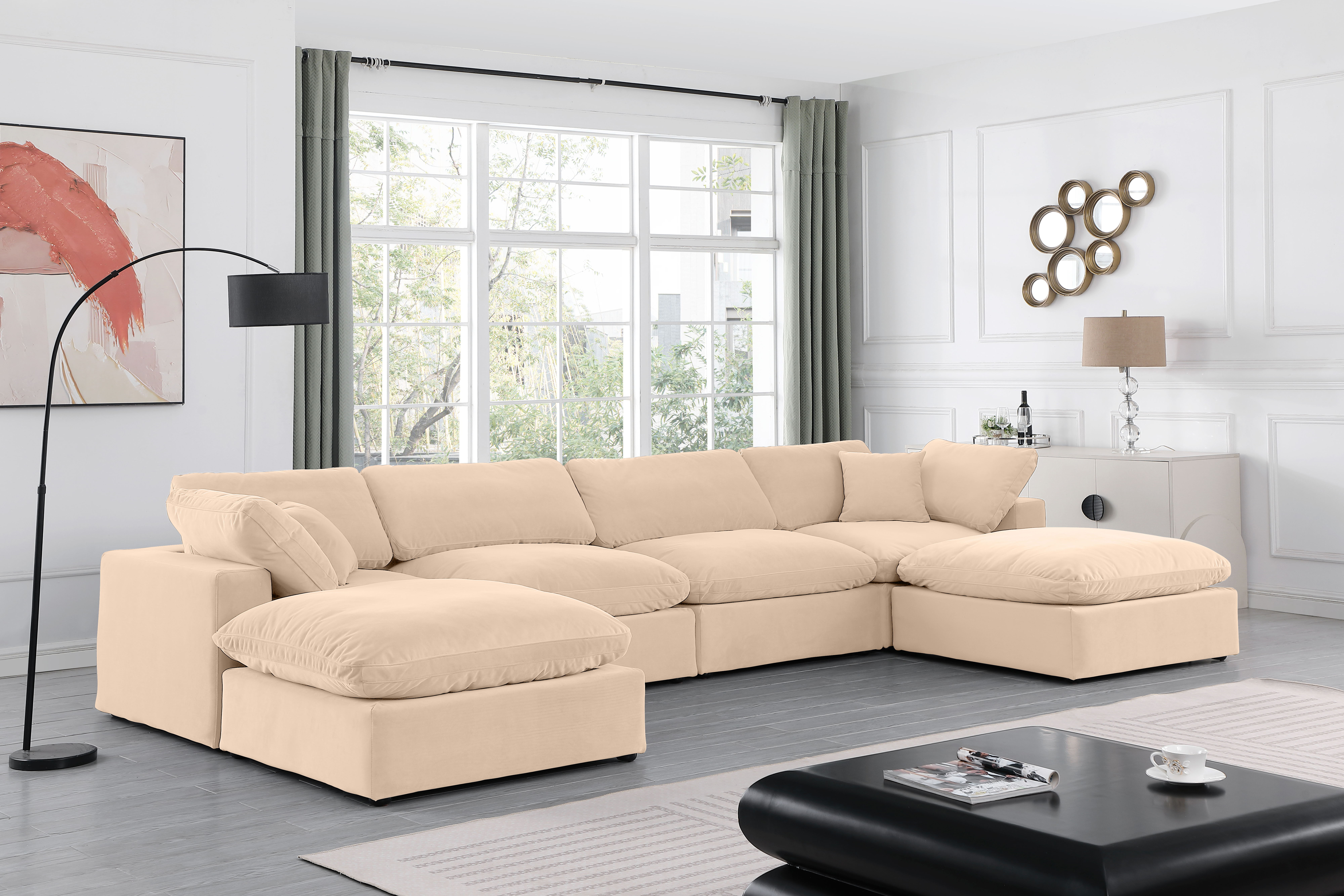 Comfy - 6 Piece Velvet Modular Double Chaise Sectional - Light Beige