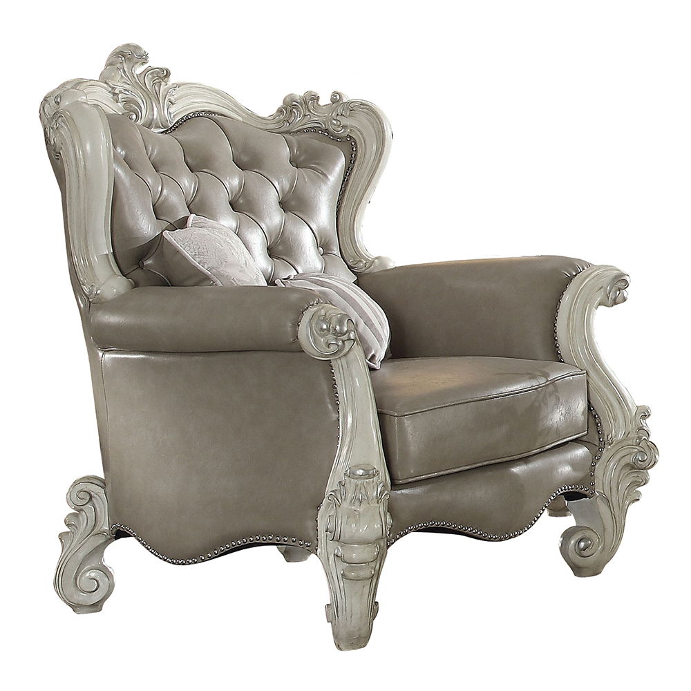 Versailles - Chair With 2 Pillows - Vintage Gray Synthetic Leather & Bone White, beige