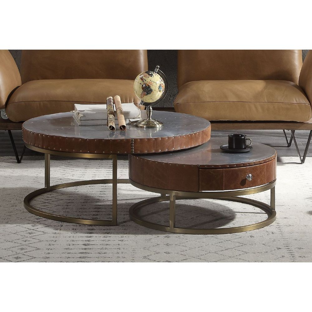 Tamas - 16" Coffee Table - Aluminum & Cocoa Top Grain Leather, dark brown, view 2
