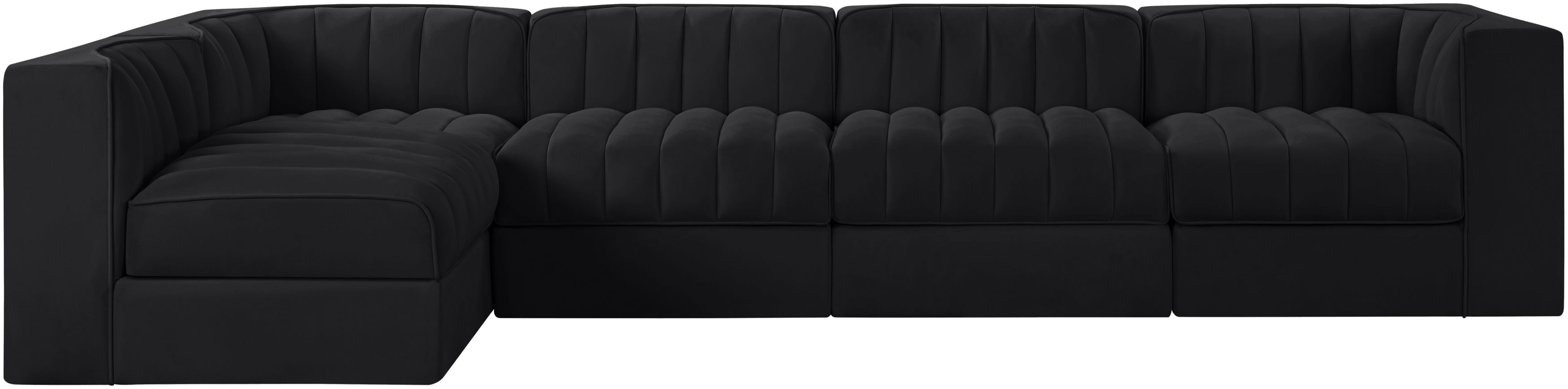 Rummi - Velvet Performance Fabric Upholstered 5 Piece Modular Sectional, L-Shaped (Right) - Black