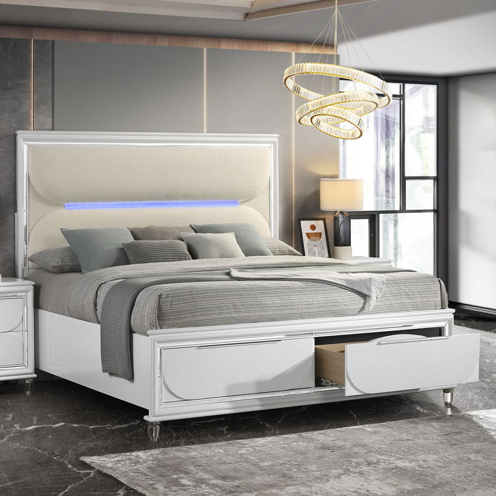 Tarian - Queen Bed With LED & Storage - White Boucle & Pearl White, white