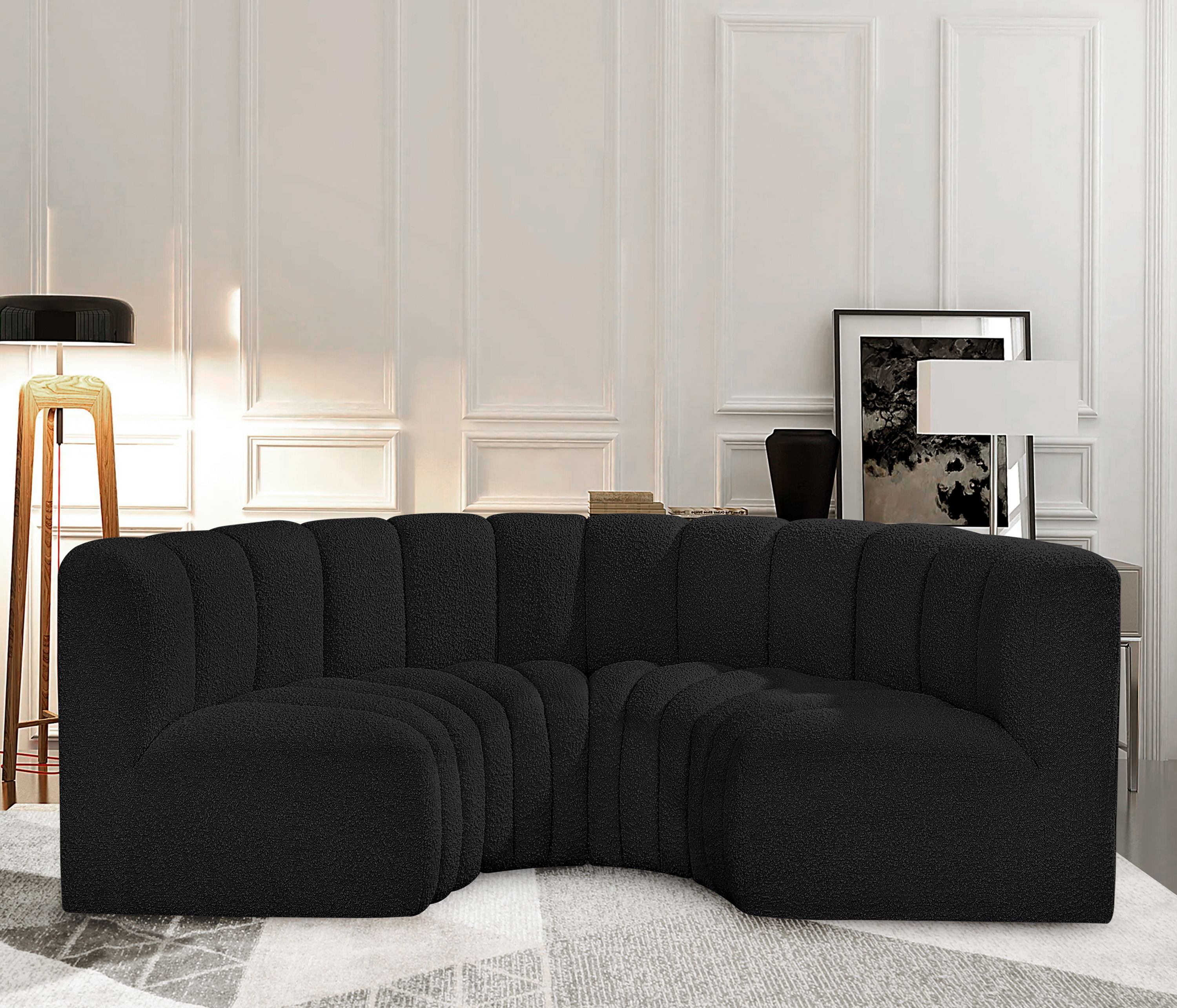 Arc - Boucle Fabric 4 Piece U-Shaped Modular Sofa - Black