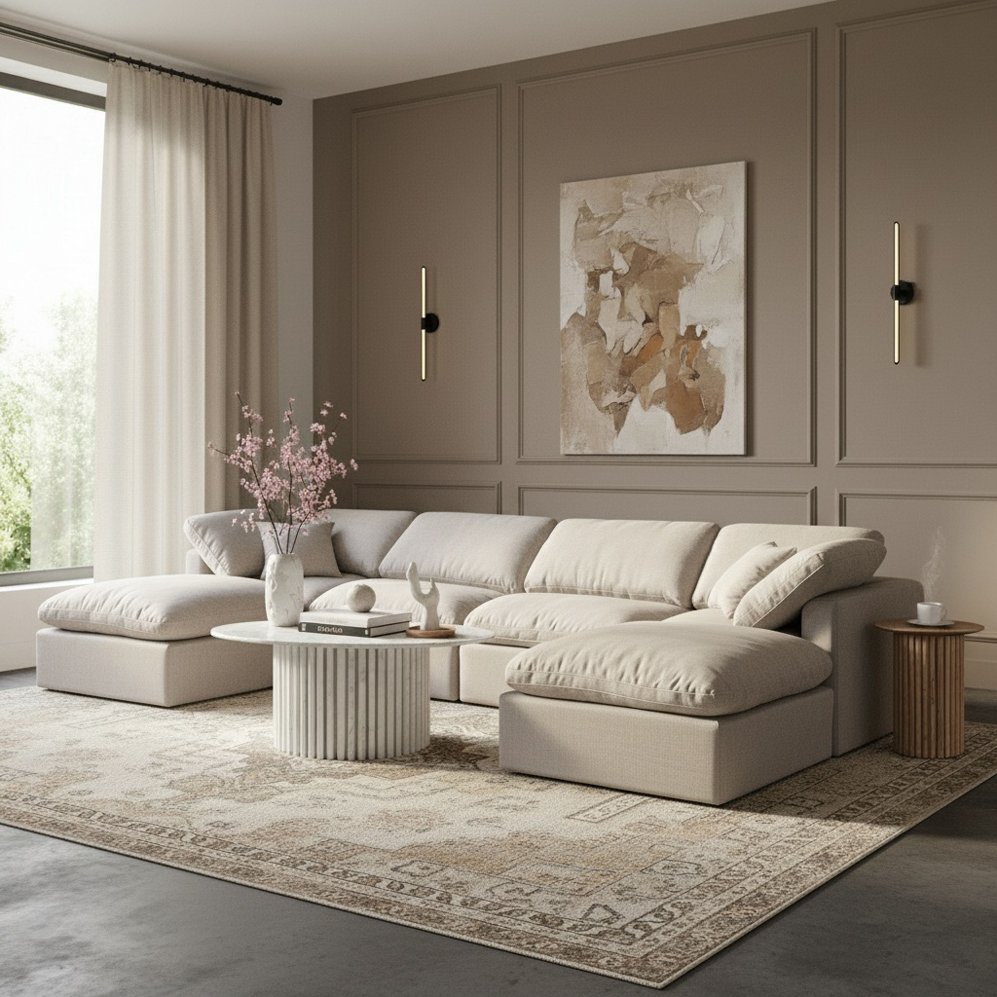 Indulge - Linen 6 Piece Modular Double Chaise Sectional - Cream