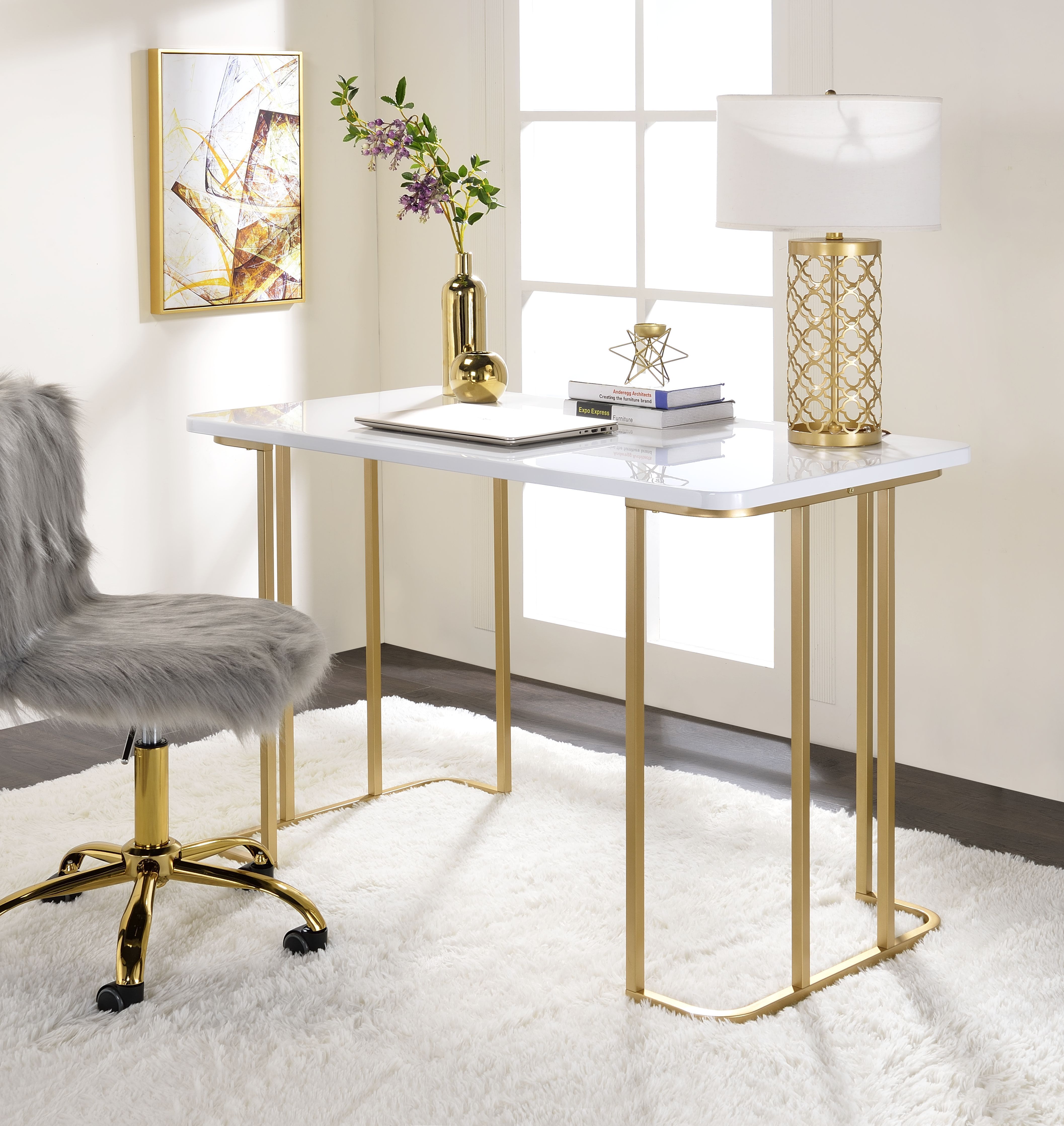Estie - Vanity Desk (Same 93102) - White & Gold, white