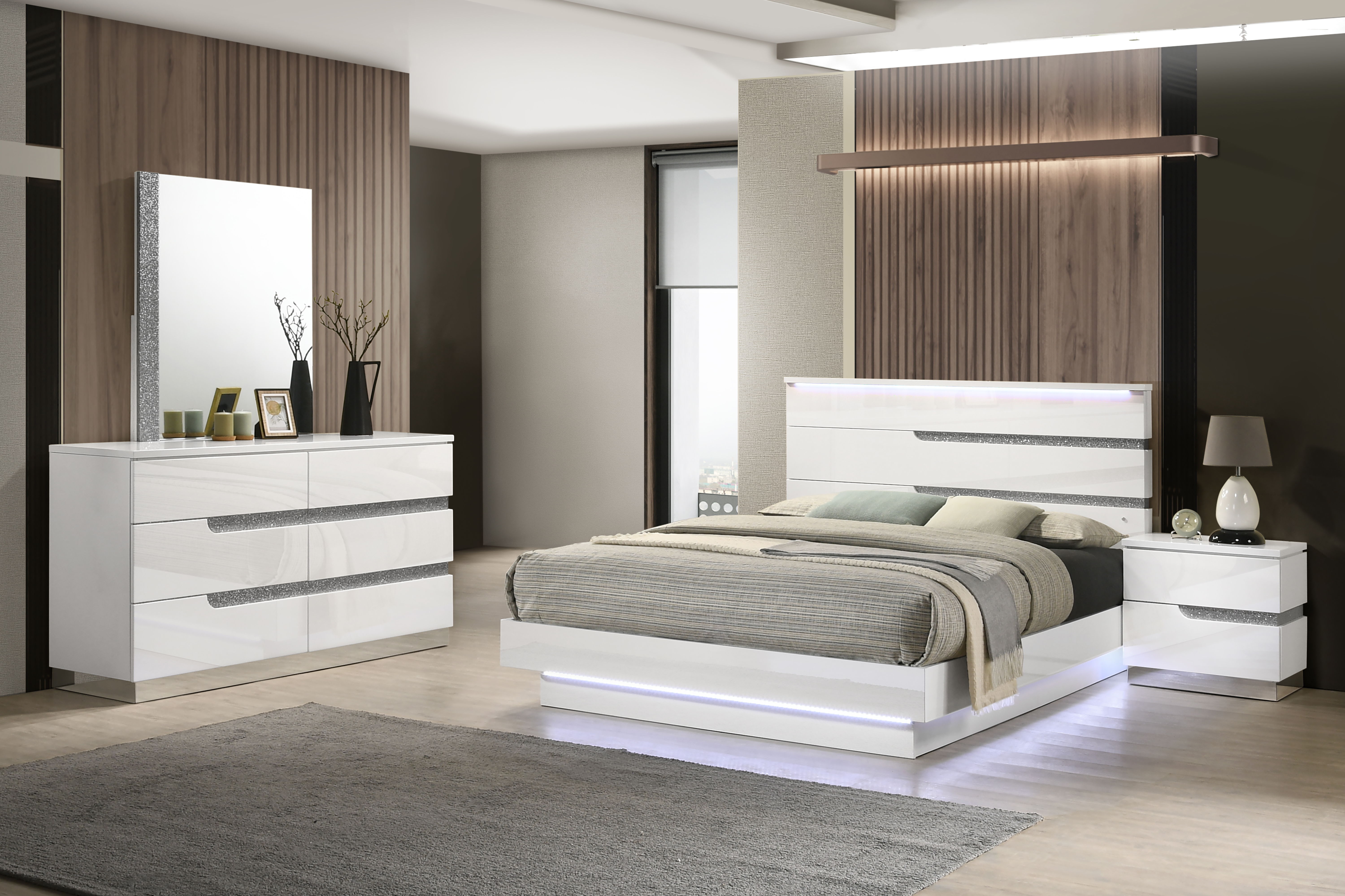 Paradox - 5/0 Queen 4 Piece Bedroom Set (Bed & Dresser & Mirror & Nightstand) - White