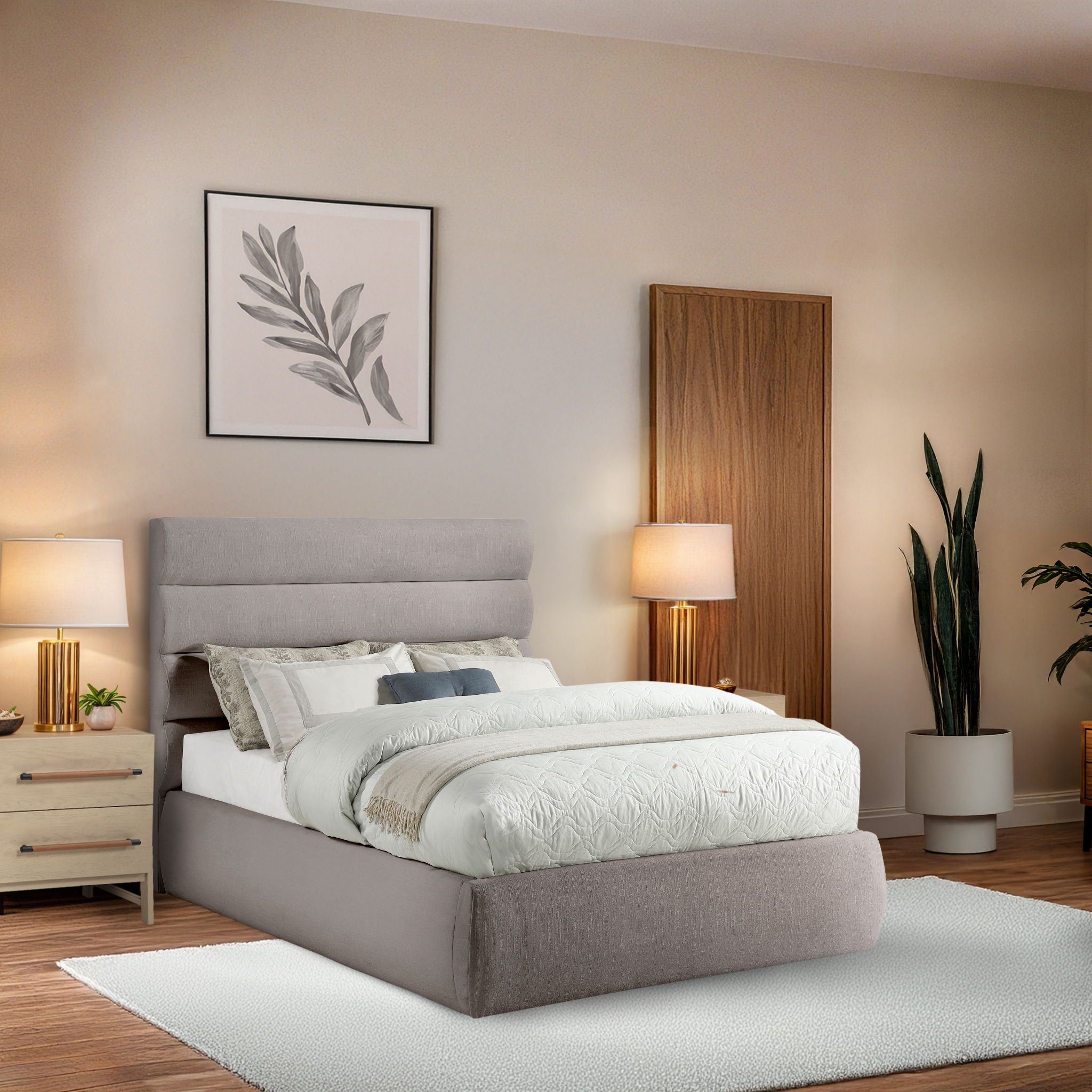 Adam - Linen Fabric Full Bed With 52" Headboard - Taupe