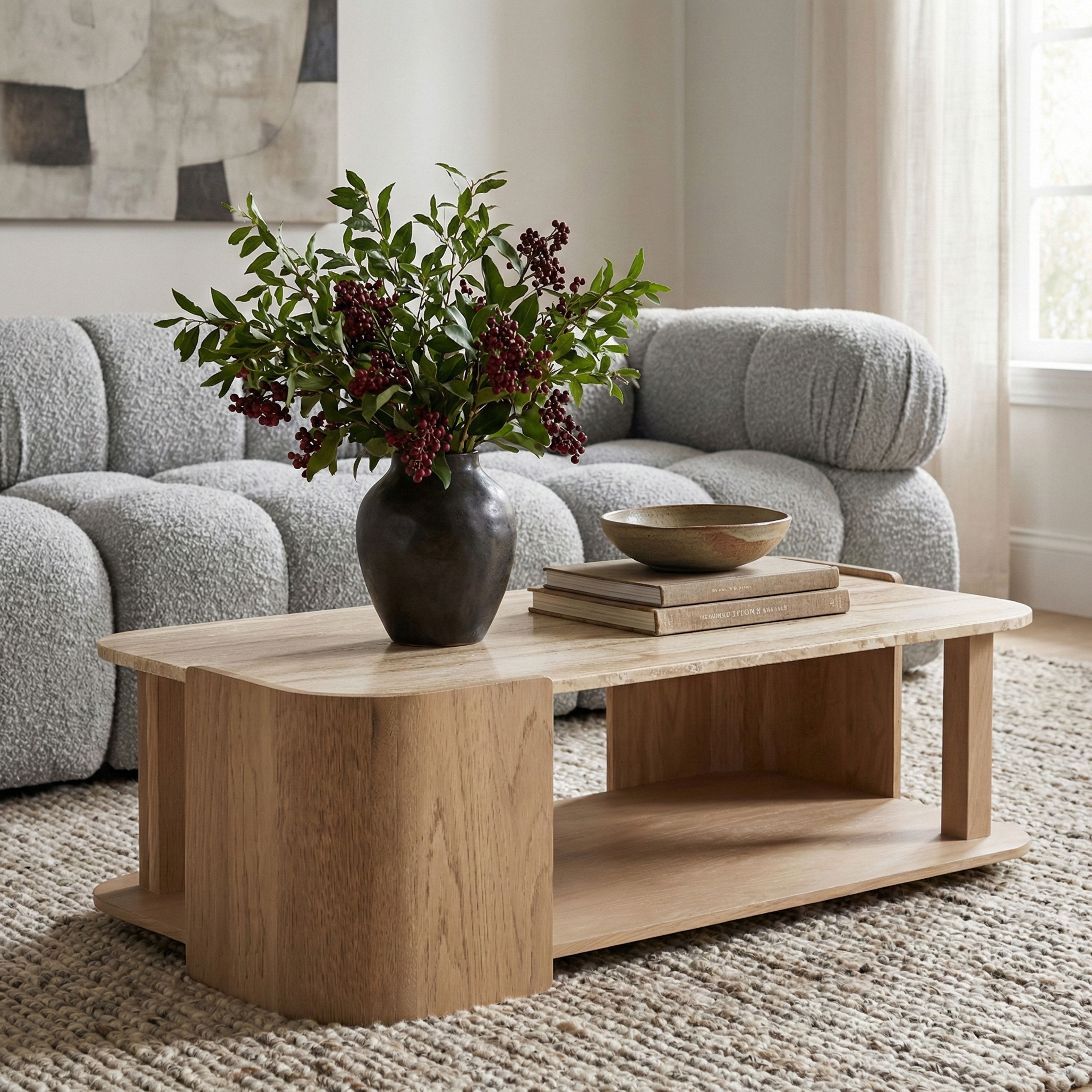 Calabria - Marble And Oak Wood Coffee Table - Beige / Natural
