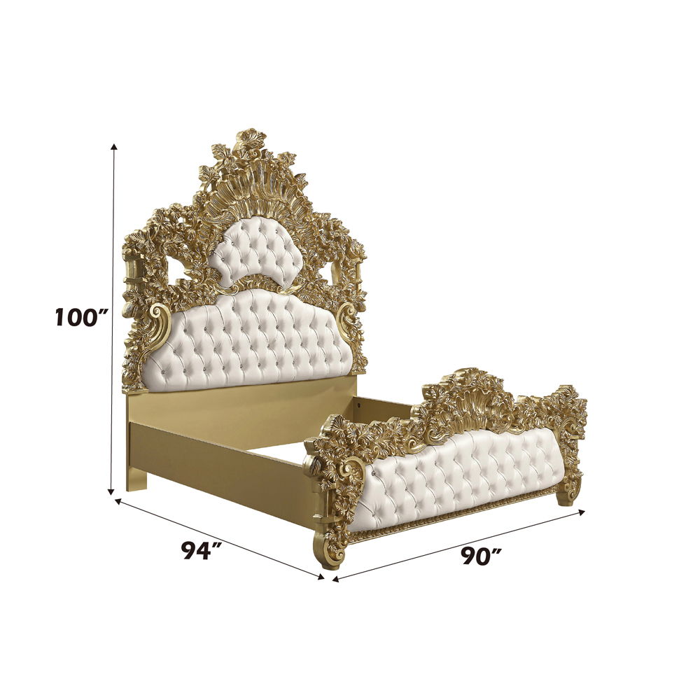 Bernadette - Eastern King Bed - White Synthetic Leather Fabric & Gold, white, view 6