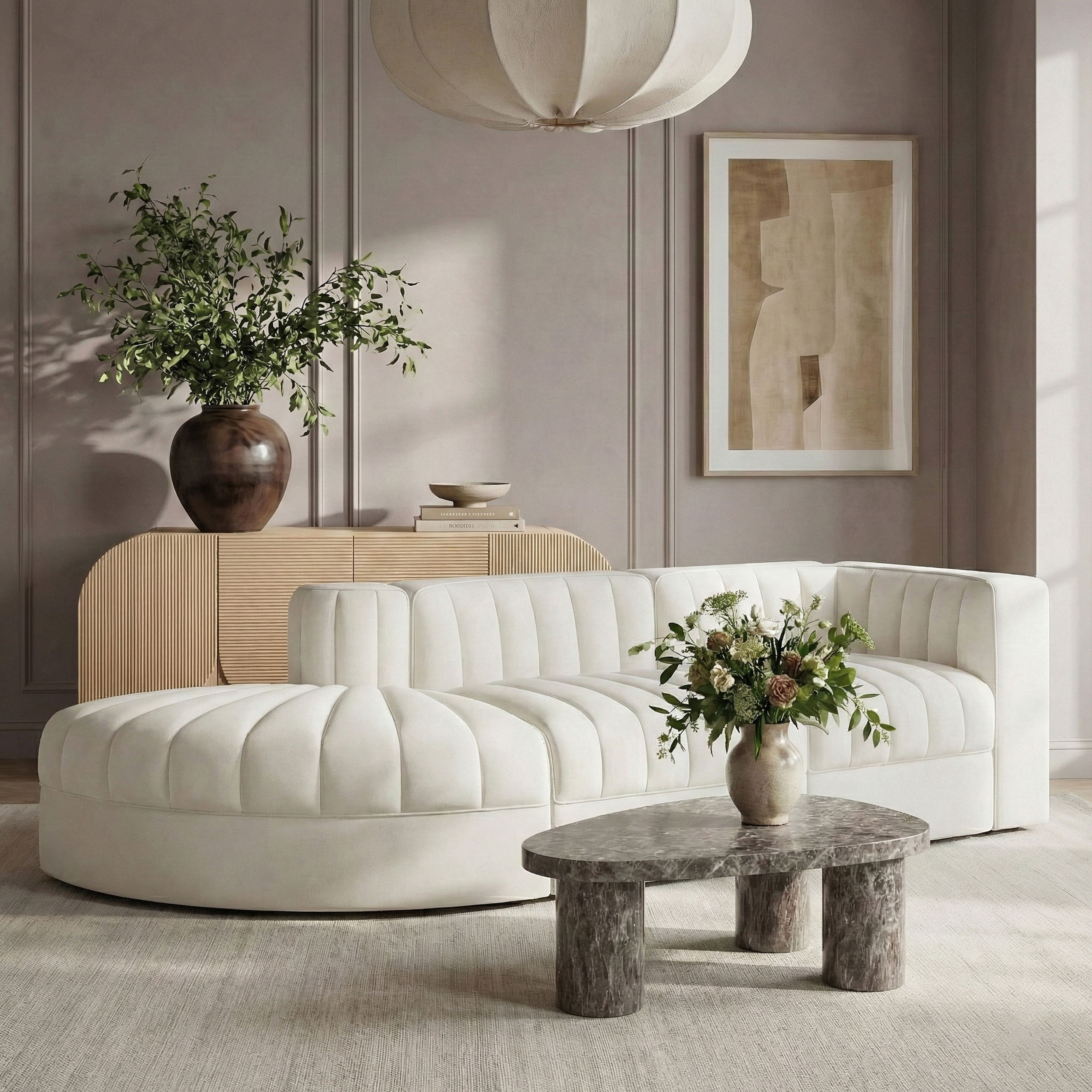 Rummi - Velvet Performance Fabric Upholstered 3 Piece Modular Sectional - Cream