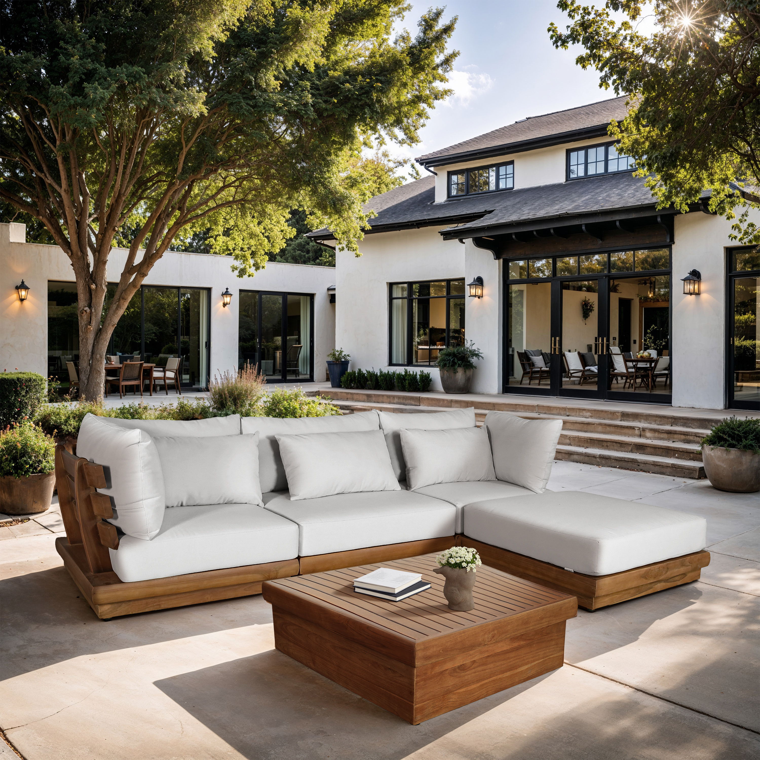 Mirella - 4 Piece Water Resistant Fabric 113" Outdoor Patio Modular Sectional - Off-White