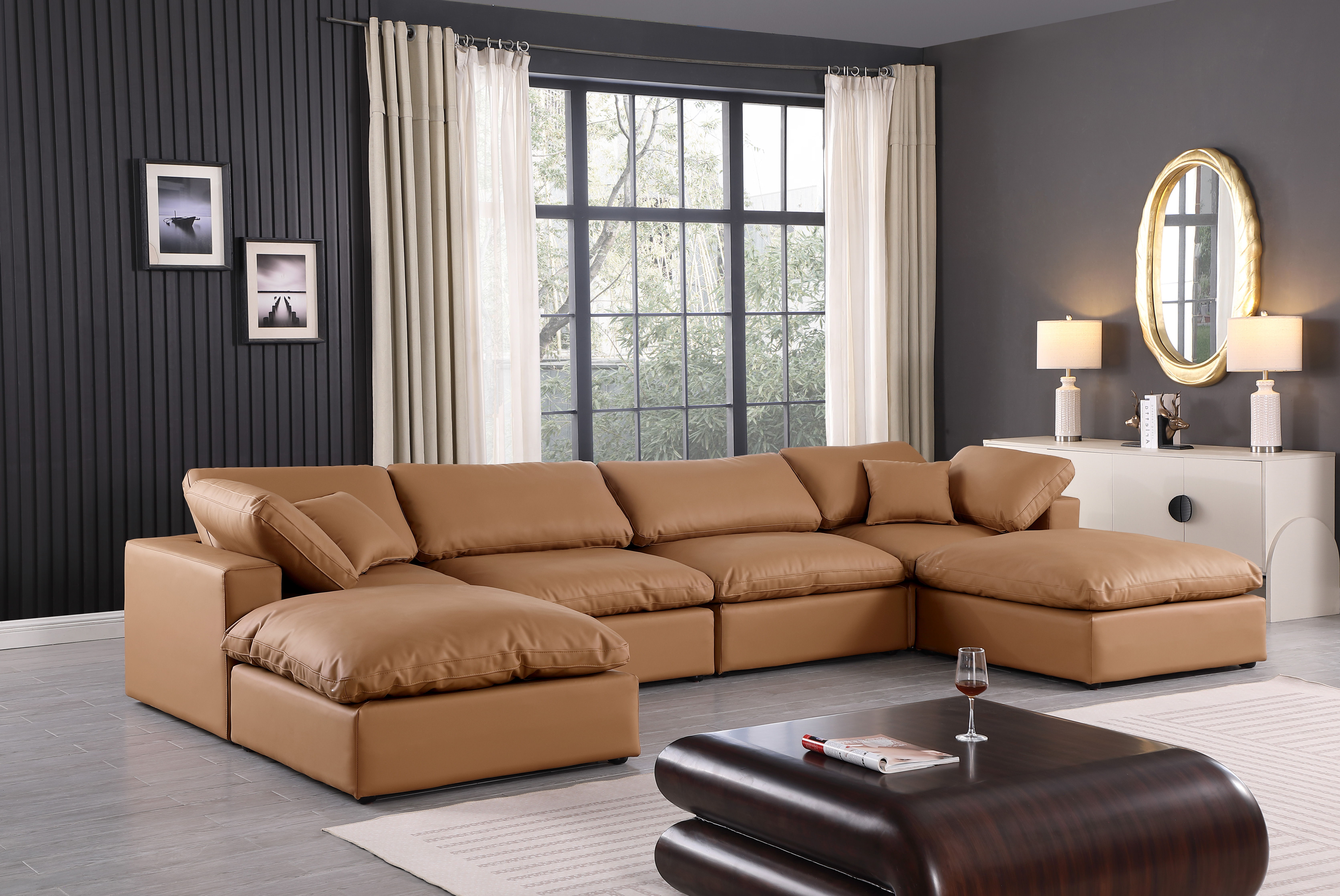 Comfy - 6 Piece Faux Leather Modular Double Chaise Sectional - Cognac