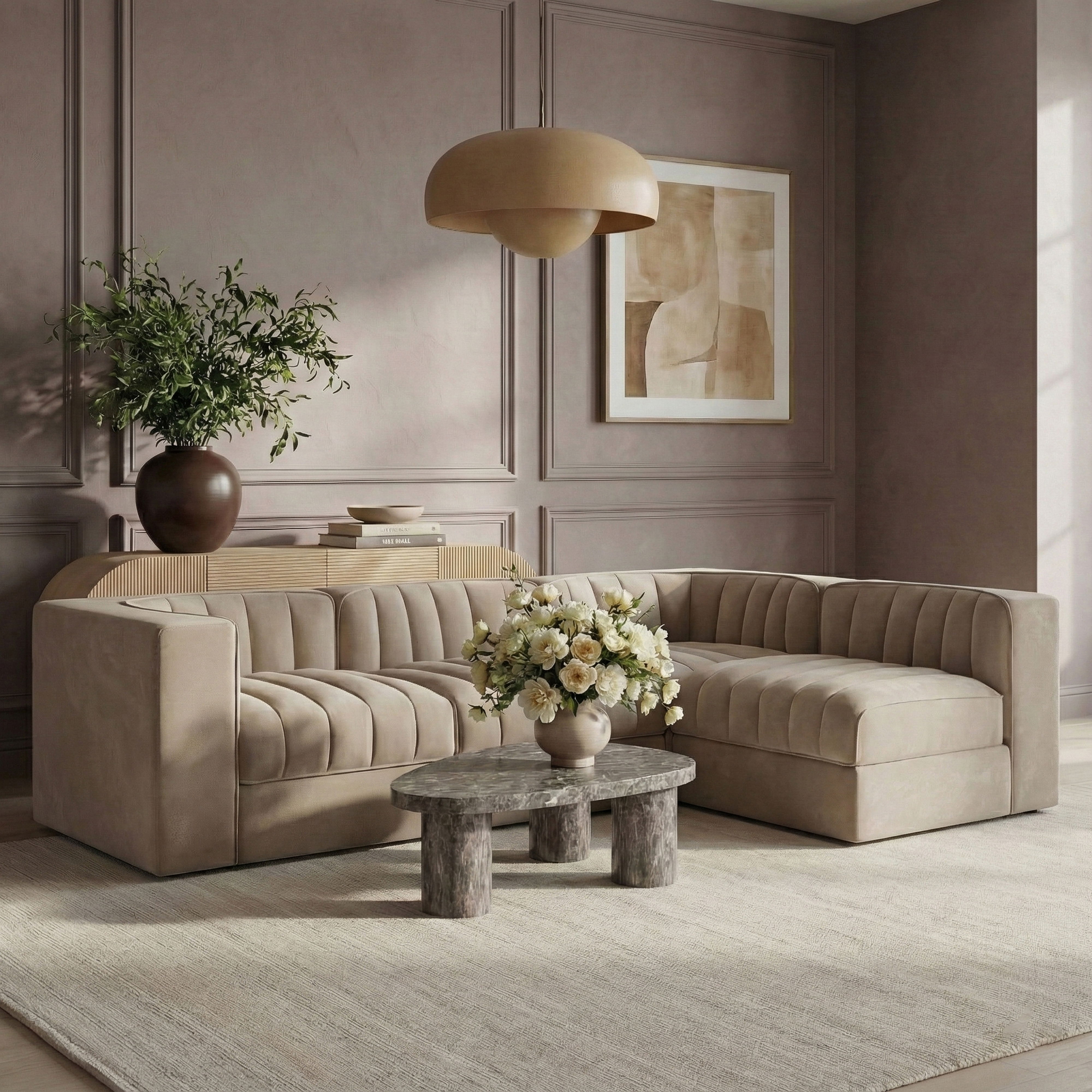 Rummi - Velvet Performance Fabric Upholstered 4 Piece Modular Sectional - Beige