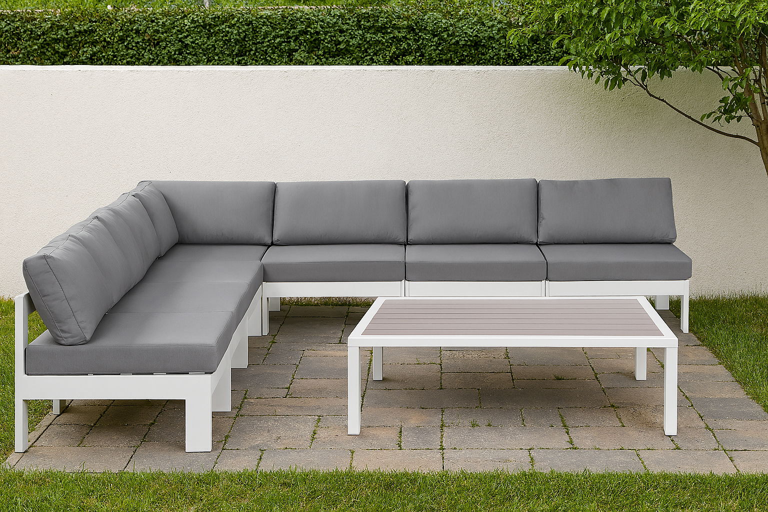 Nizuc - Outdoor Patio 7 Piece Modular Croner Armless Sectional With White Frame - Gray