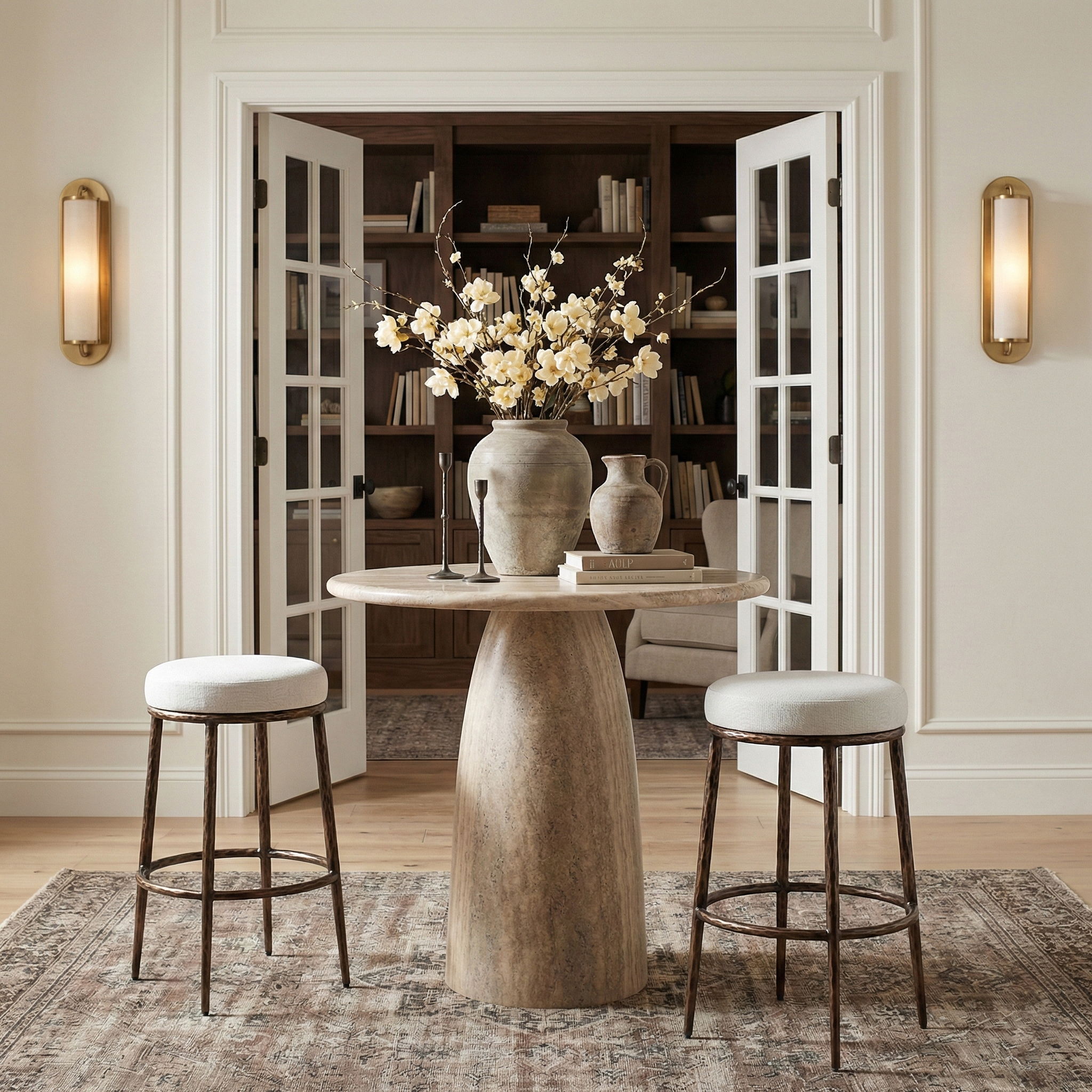 Ferro - Performance Fabric Upholstered Backless Bar Stool - White / Antique Bronze
