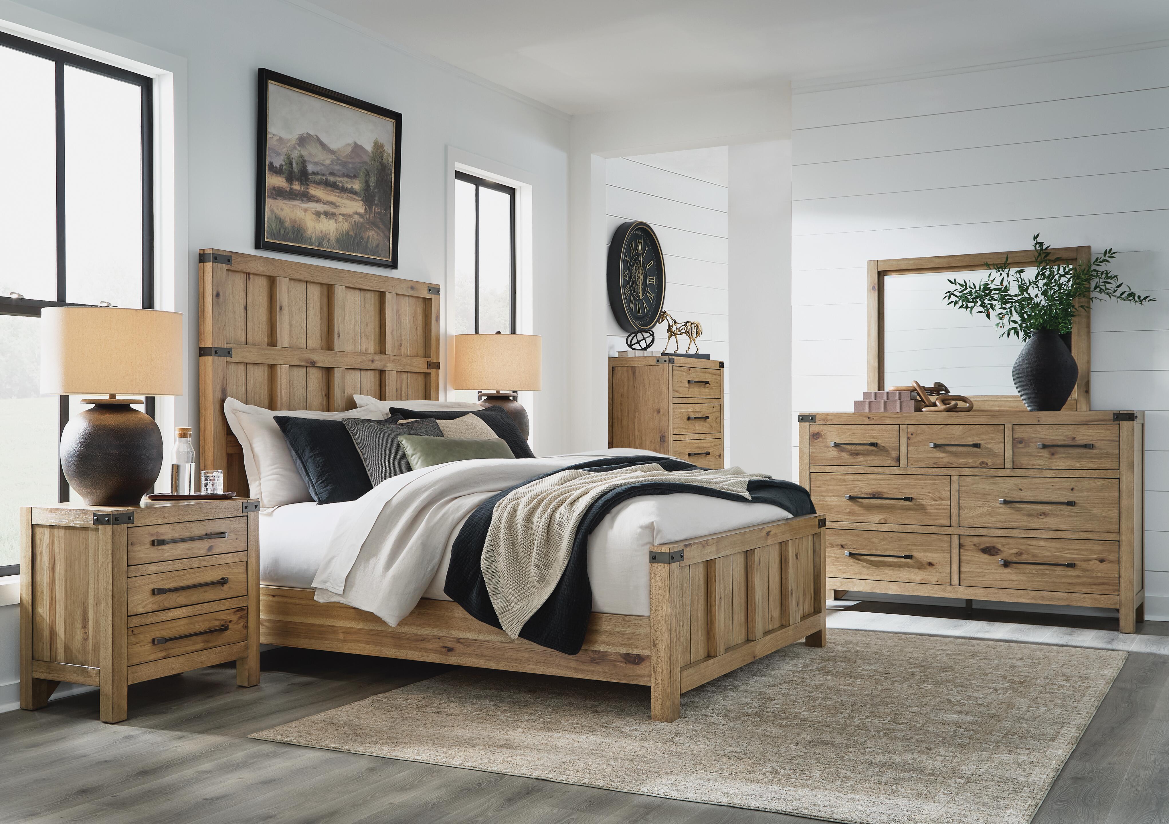 Ridgester - 5 Pc. - Dresser, Mirror, Queen Panel Bed - Light Brown