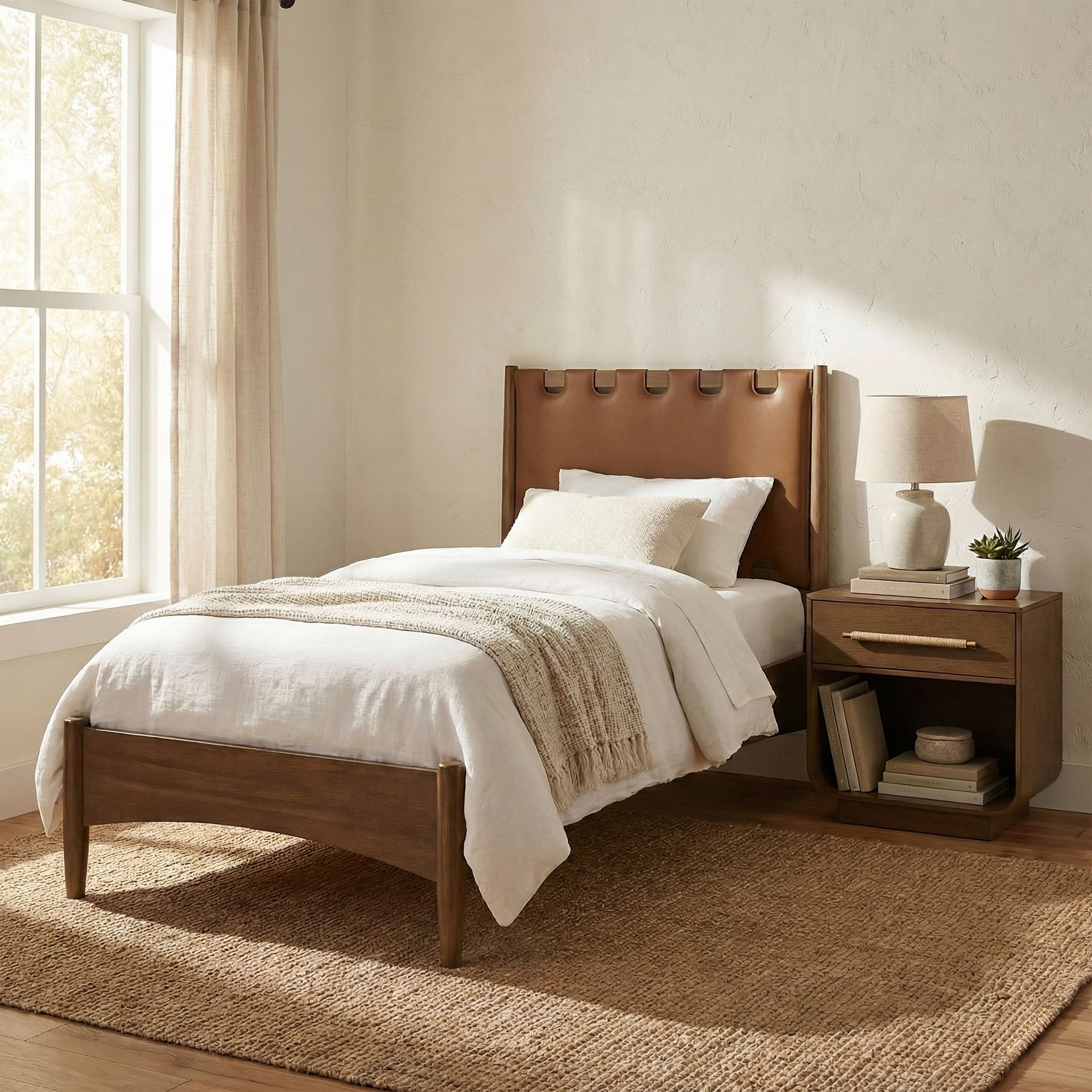 Santos - Vegan Leather Headboard And Wood Twin Bed - Brown
