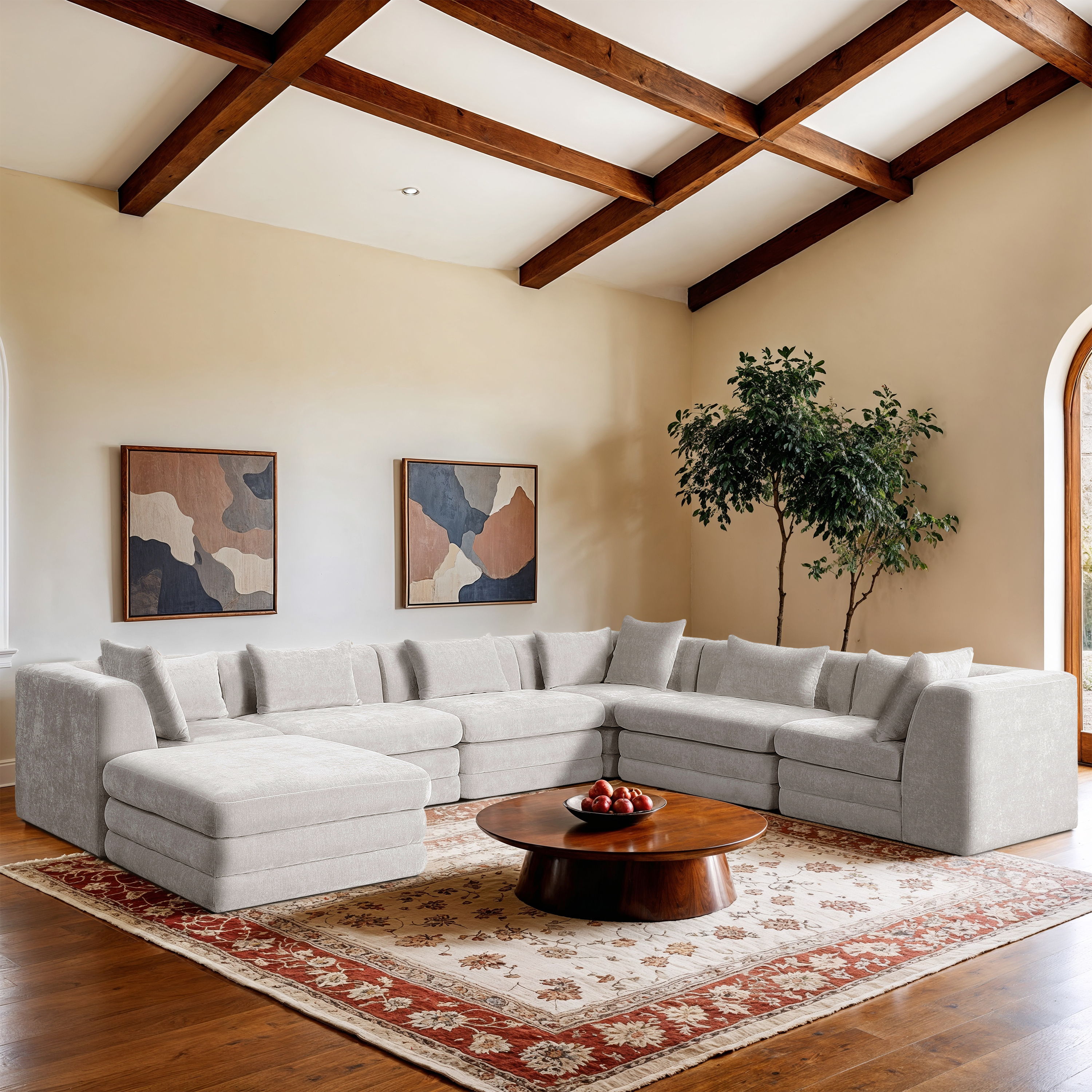 Stellar - 7 Piece Chenille Fabric 152" Upholstered Modular Sectional - Cream