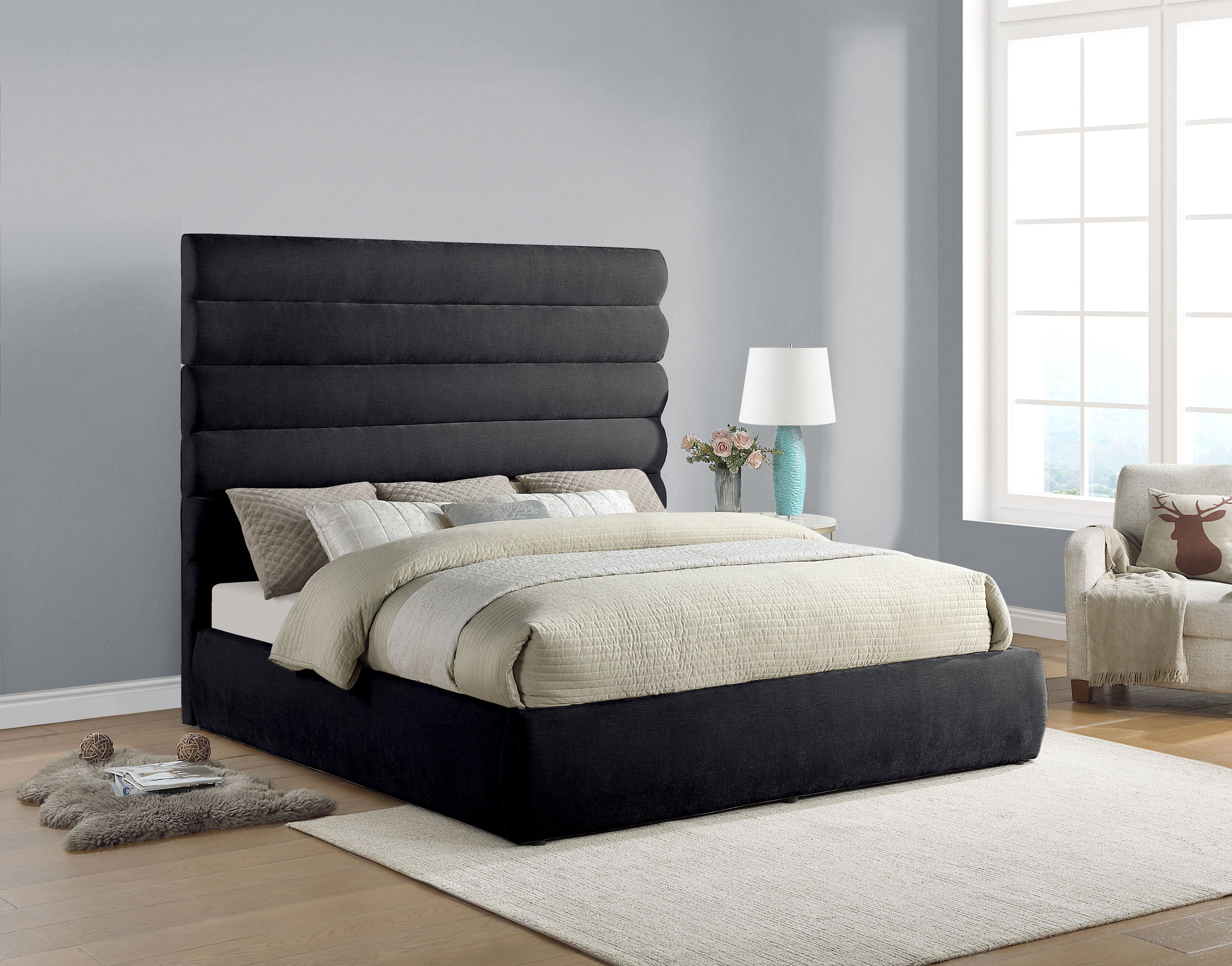 Adam - Chenille Fabric King Bed With 70.5" Headboard - Black