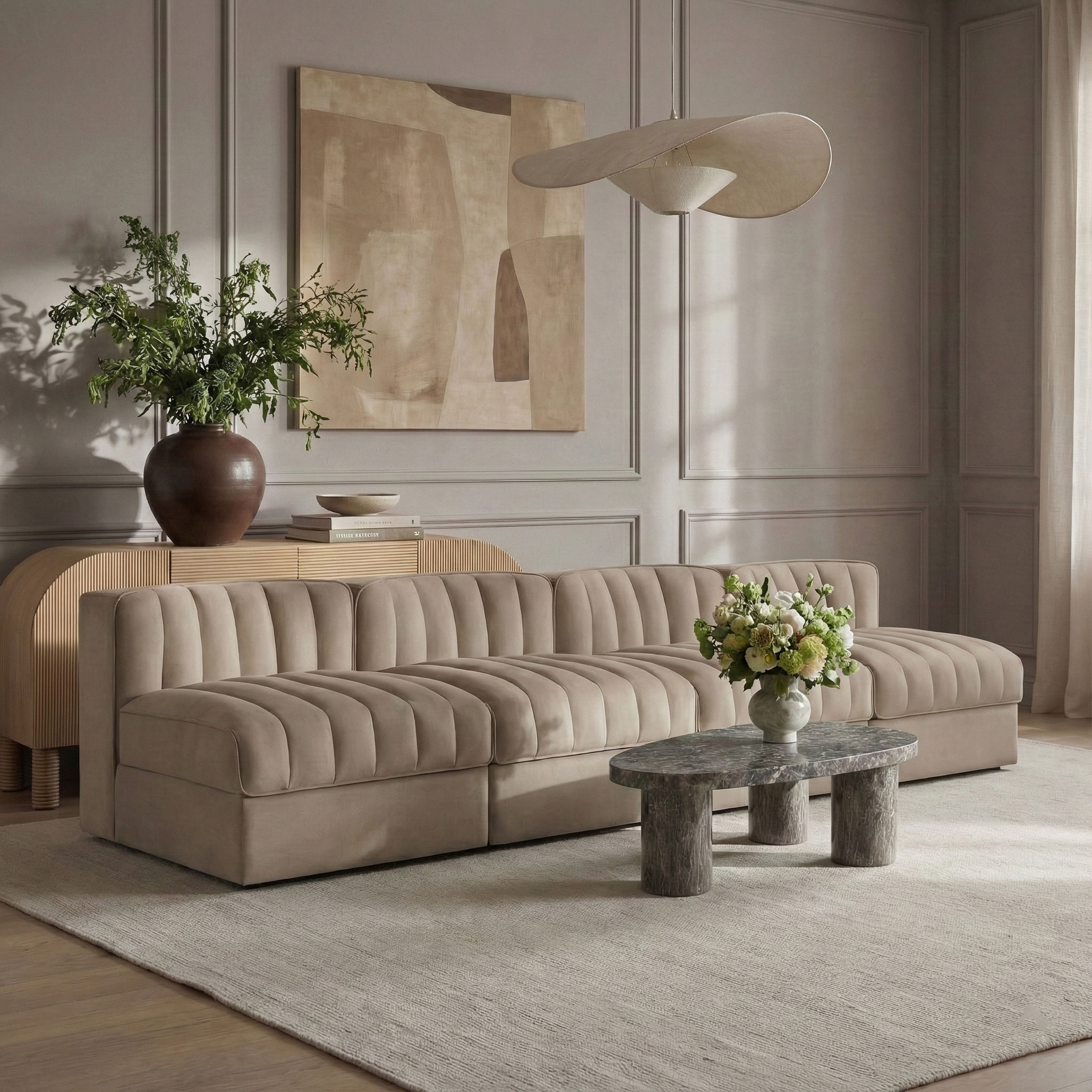 Rummi - Armless Velvet Performance Fabric Upholstered 4 Piece Modular Sofa - Beige