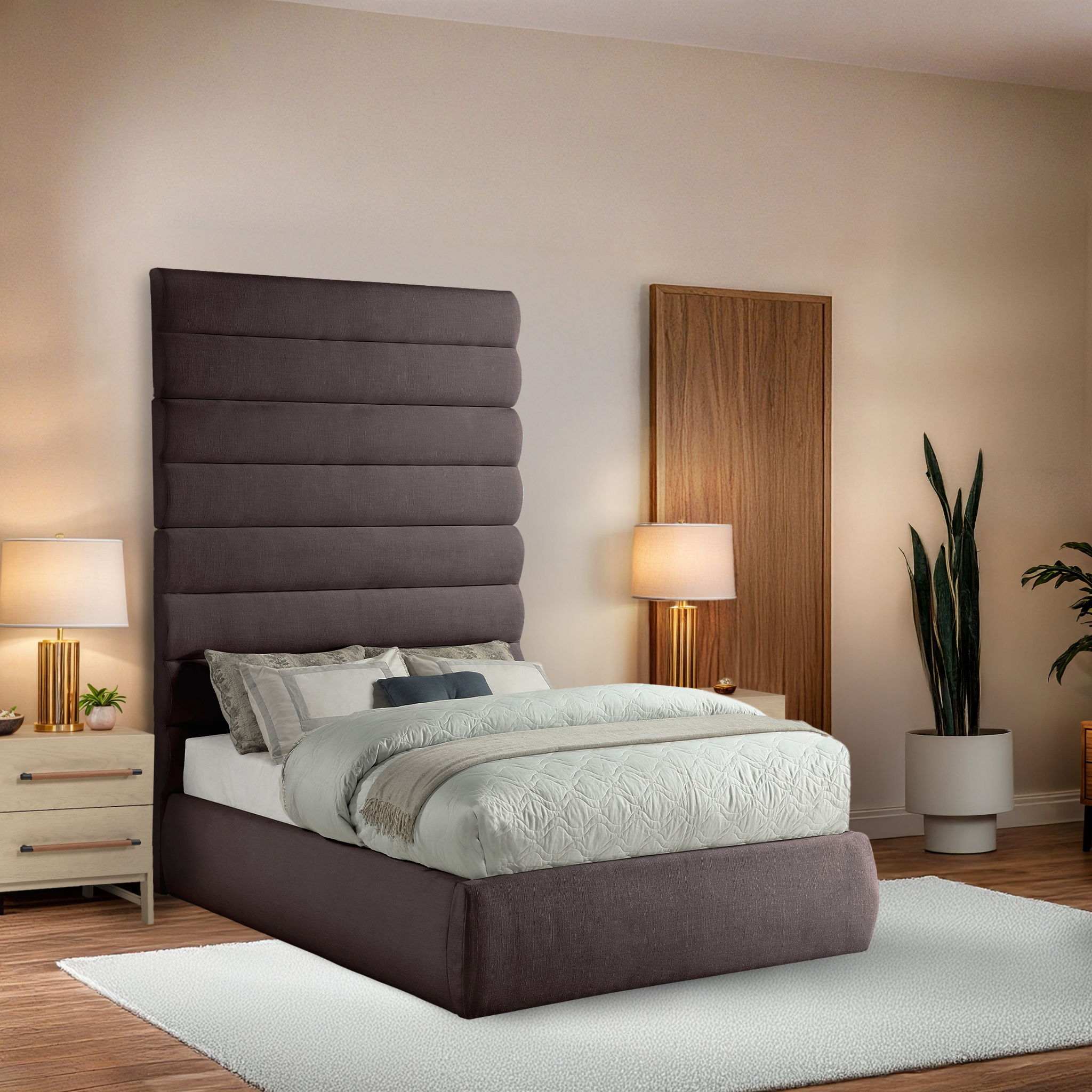 Adam - Linen Fabric Full Bed With 89" Headboard - Brown