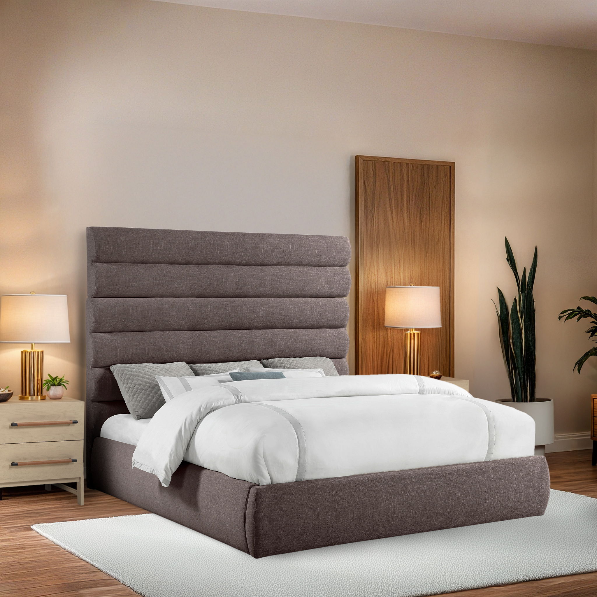 Adam - Linen Fabric King Bed With 70.5" Headboard - Brown