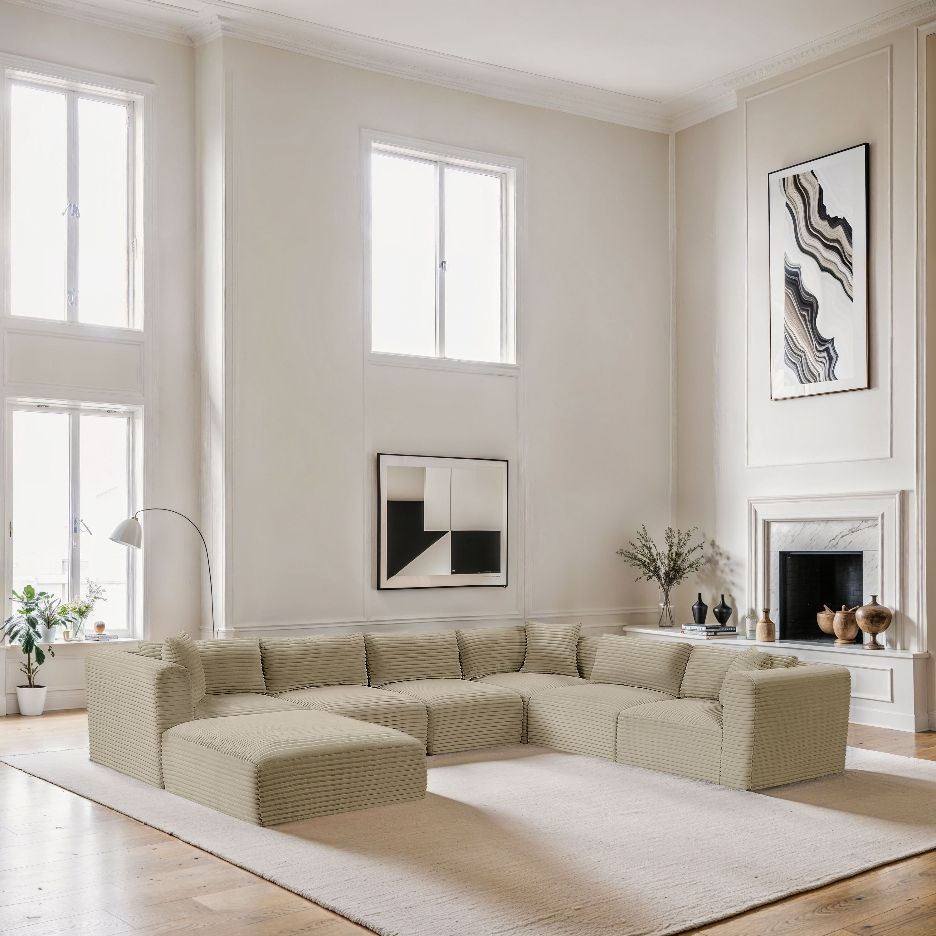 Shaggy - 7 Piece Modular U-Shaped Sectional With Ottoman - Cream