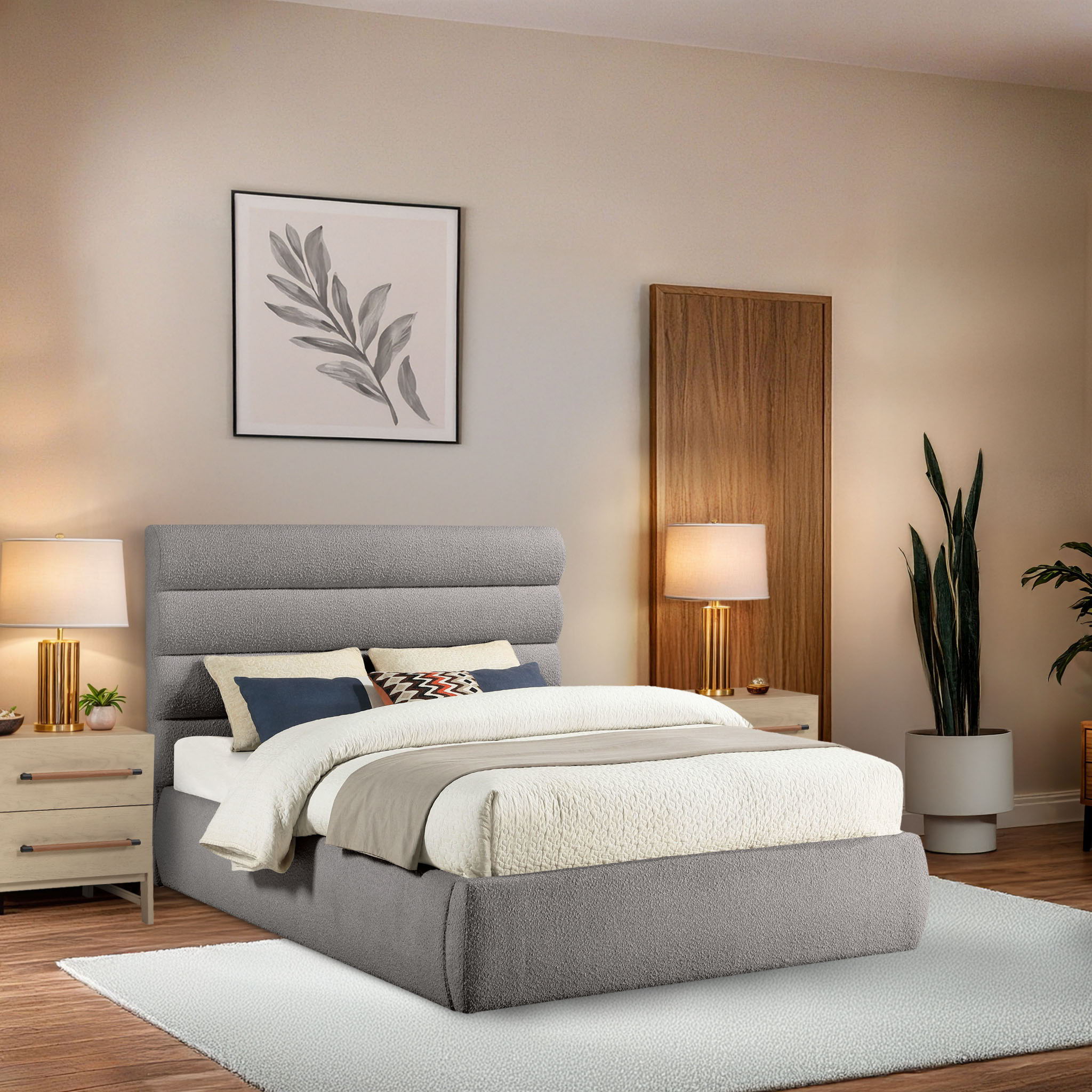 Adam - Boucle Fabric Queen Bed With 52" Headboard - Taupe